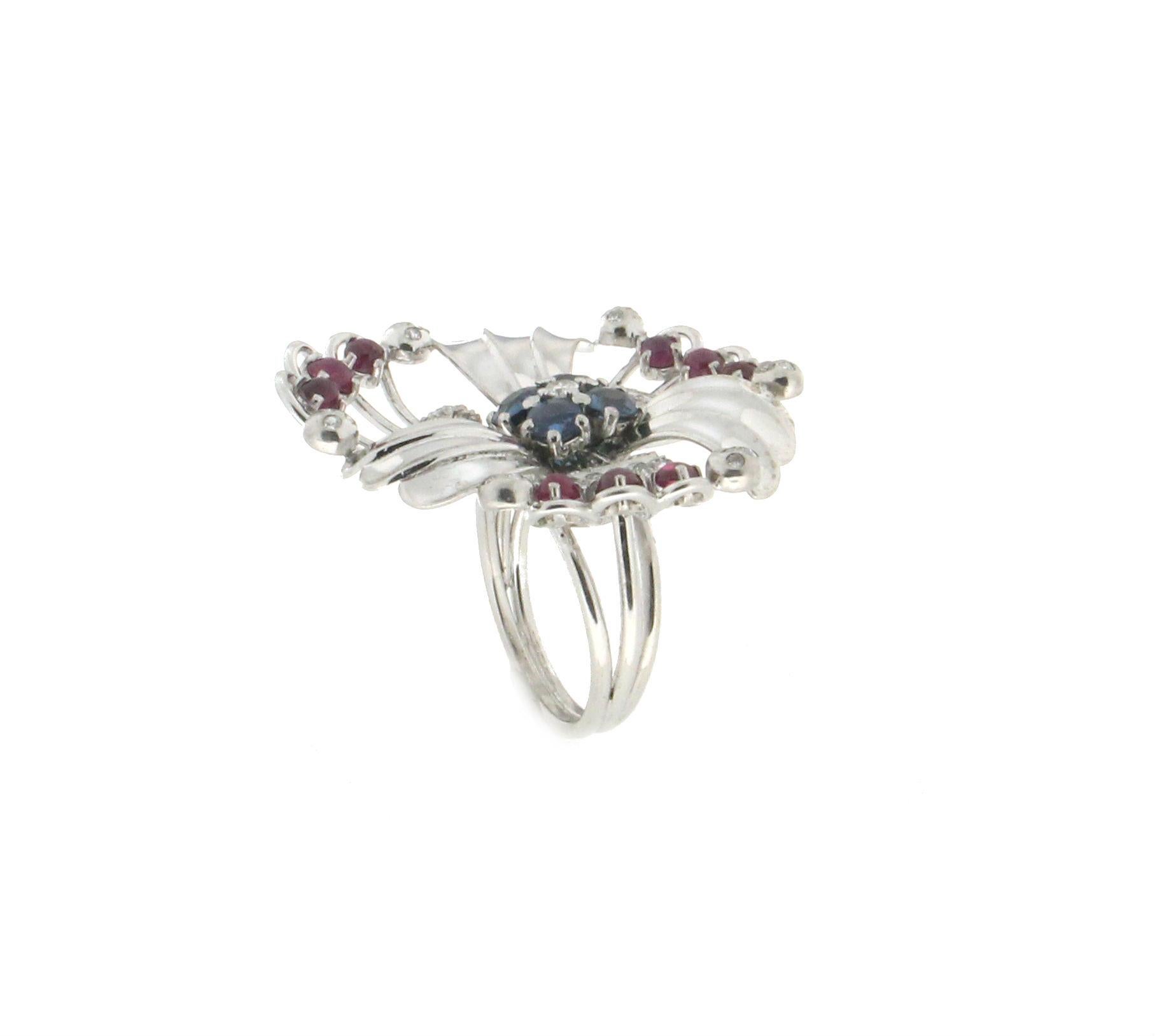 Handcraft Sapphires 18 Karat White Gold Ruby Diamonds Cocktail Ring For Sale 1