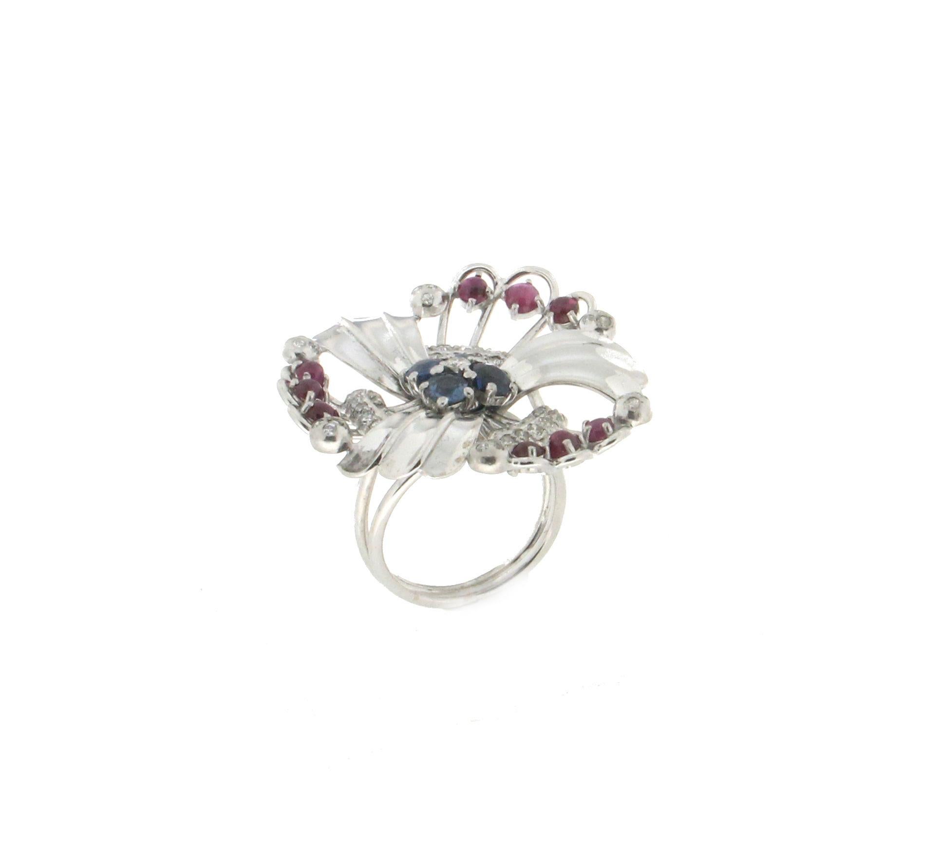 Handcraft Sapphires 18 Karat White Gold Ruby Diamonds Cocktail Ring For Sale 2