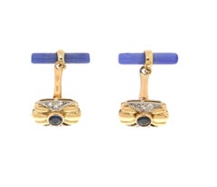Gemelos Artesanales Zafiros 18 Kilates Oro Amarillo Diamantes Barriles Ágata Azul