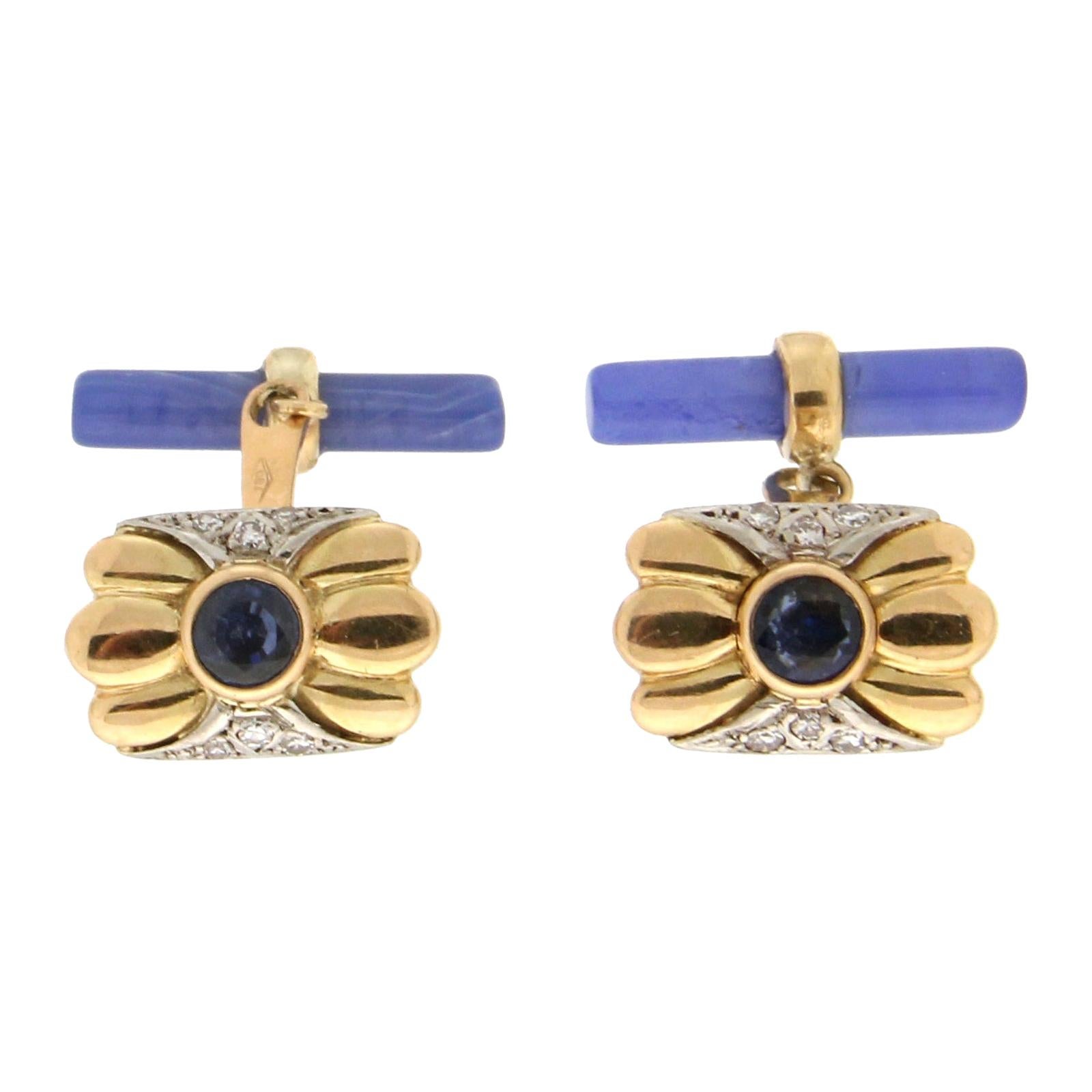 Boutons de manchette artisanaux en or jaune 18 carats avec saphirs et diamants et agate bleue