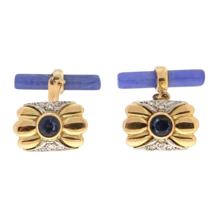 Boutons De Manchette Vintage Or Jaune 14 Carats Avec Saphirs Bleus - 48 Pierres, ~5 Carats