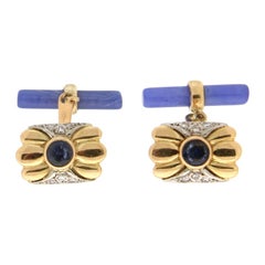 Handcraft Sapphires 18 Karat Yellow Gold Diamonds Blue Agate Barrels Cufflinks