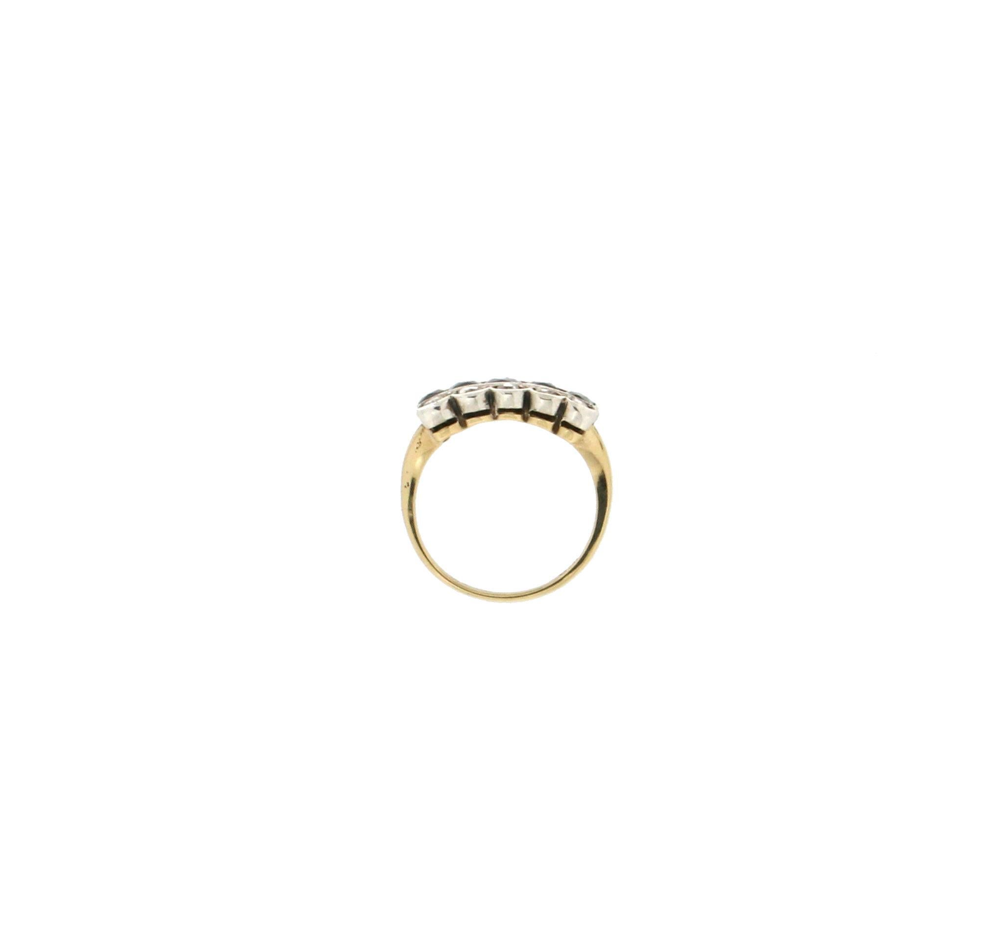 Women's or Men's Handcraft Sapphires 18 Karat Yellow Gold Rose Cut Diamonds Cocktail Ring For Sale