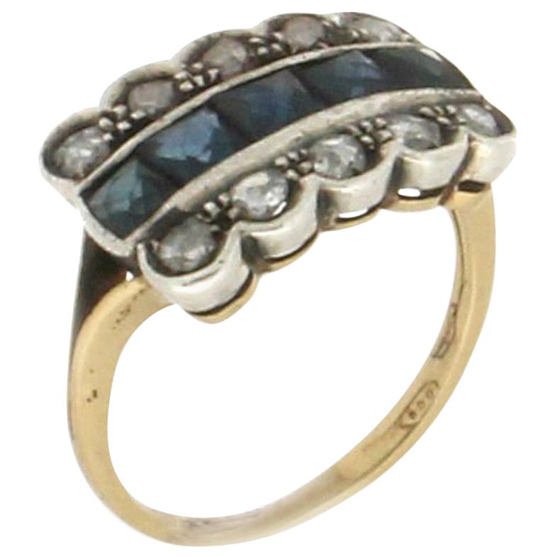 Handcraft Sapphires 18 Karat Yellow Gold Rose Cut Diamonds Cocktail Ring For Sale