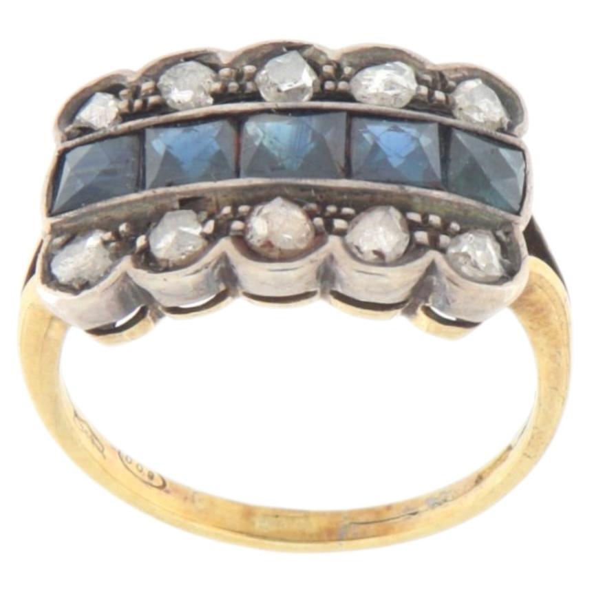 Vintage 18K Gold & Silver Victorian Carré Blue Sapphire & Rose Cut Diamond Ring