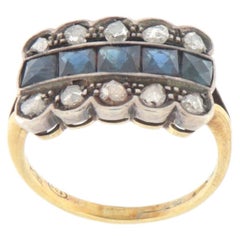 Vintage-Ring aus 18-karätigem Gold und Silber im viktorianischen Stil mit blauem Saphir im Carré-Schliff und Diamanten im Rosenschliff