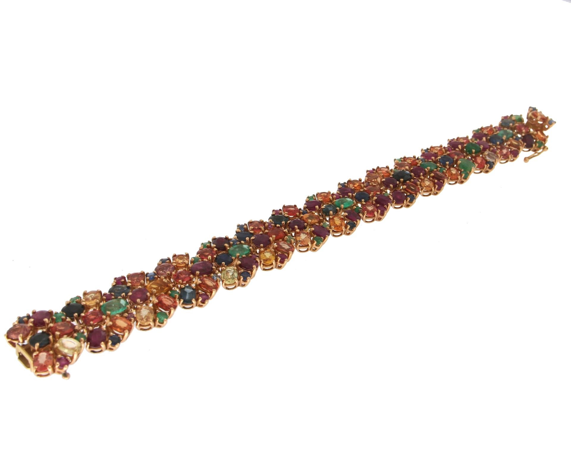 Retro Handcraft Sapphires 18 Karat Yellow Gold Ruby Emeralds Cuff Bracelet For Sale