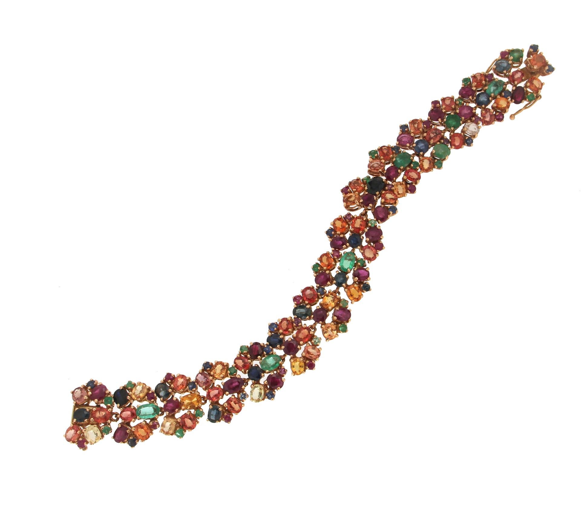 Mixed Cut Handcraft Sapphires 18 Karat Yellow Gold Ruby Emeralds Cuff Bracelet For Sale