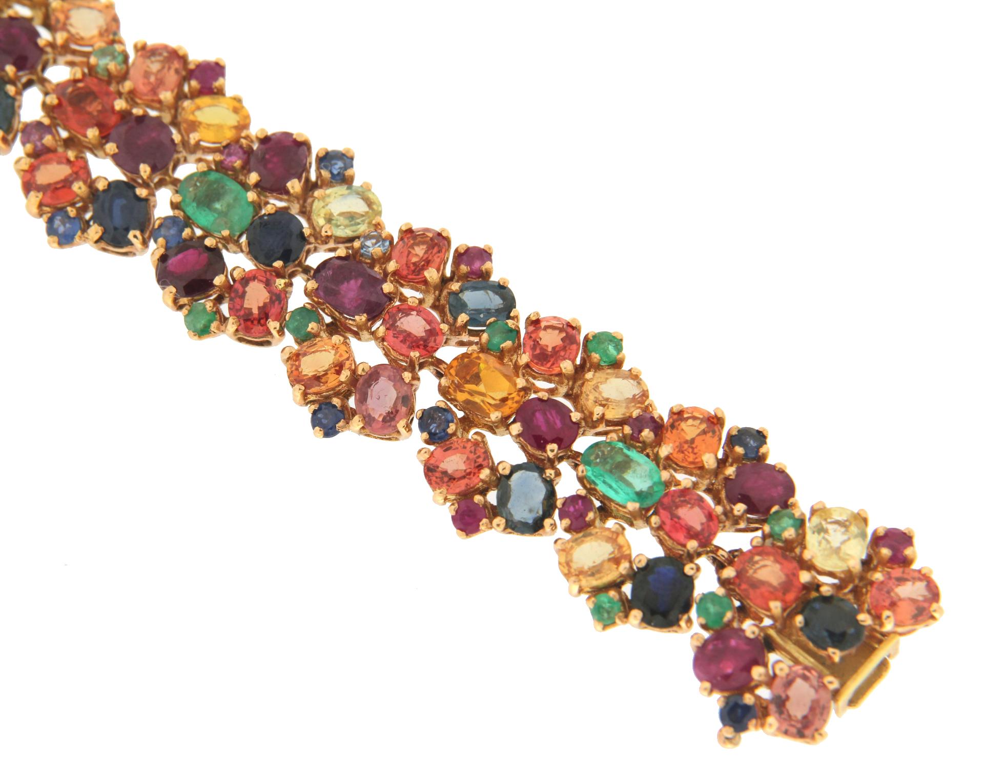 Handcraft Sapphires 18 Karat Yellow Gold Ruby Emeralds Cuff Bracelet For Sale 2