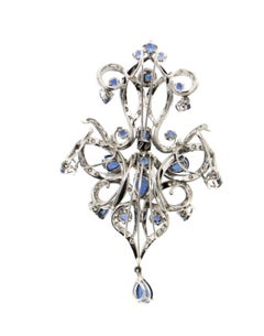 Handcraft Sapphires Drops 18 Karat White Gold Diamonds Pendant