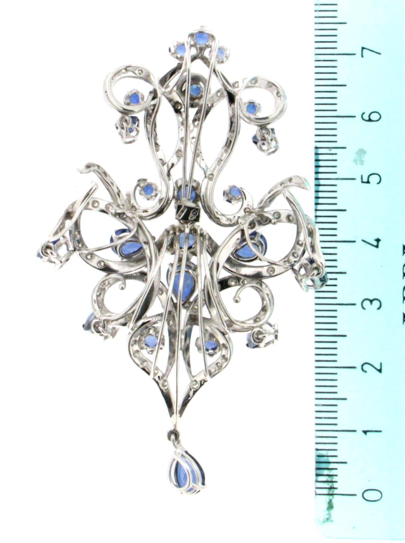 Artisan Handcraft Sapphires Drops 18 Karat White Gold Diamonds Pendant Necklace For Sale