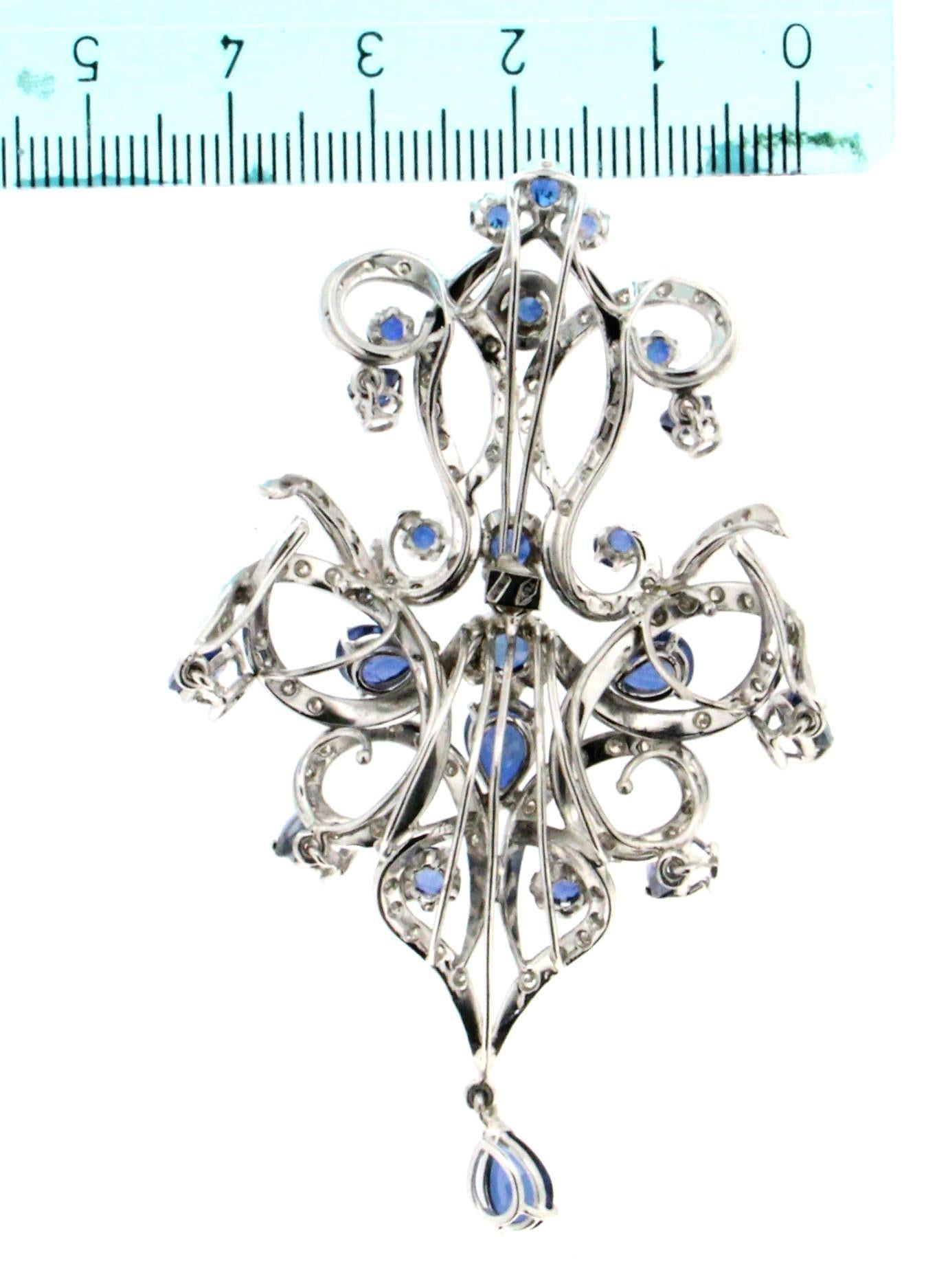 Mixed Cut Handcraft Sapphires Drops 18 Karat White Gold Diamonds Pendant Necklace For Sale