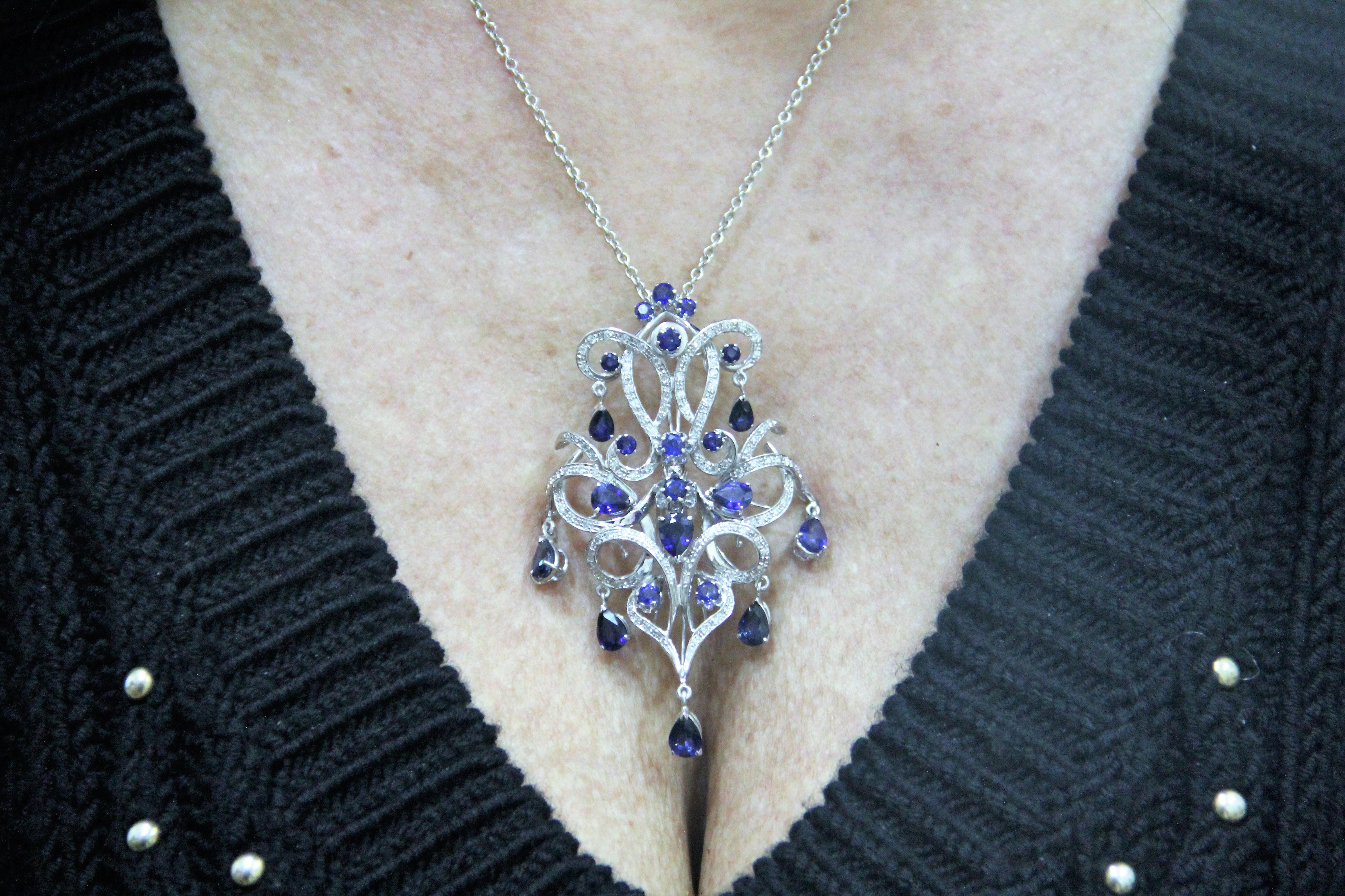 Women's or Men's Handcraft Sapphires Drops 18 Karat White Gold Diamonds Pendant Necklace For Sale