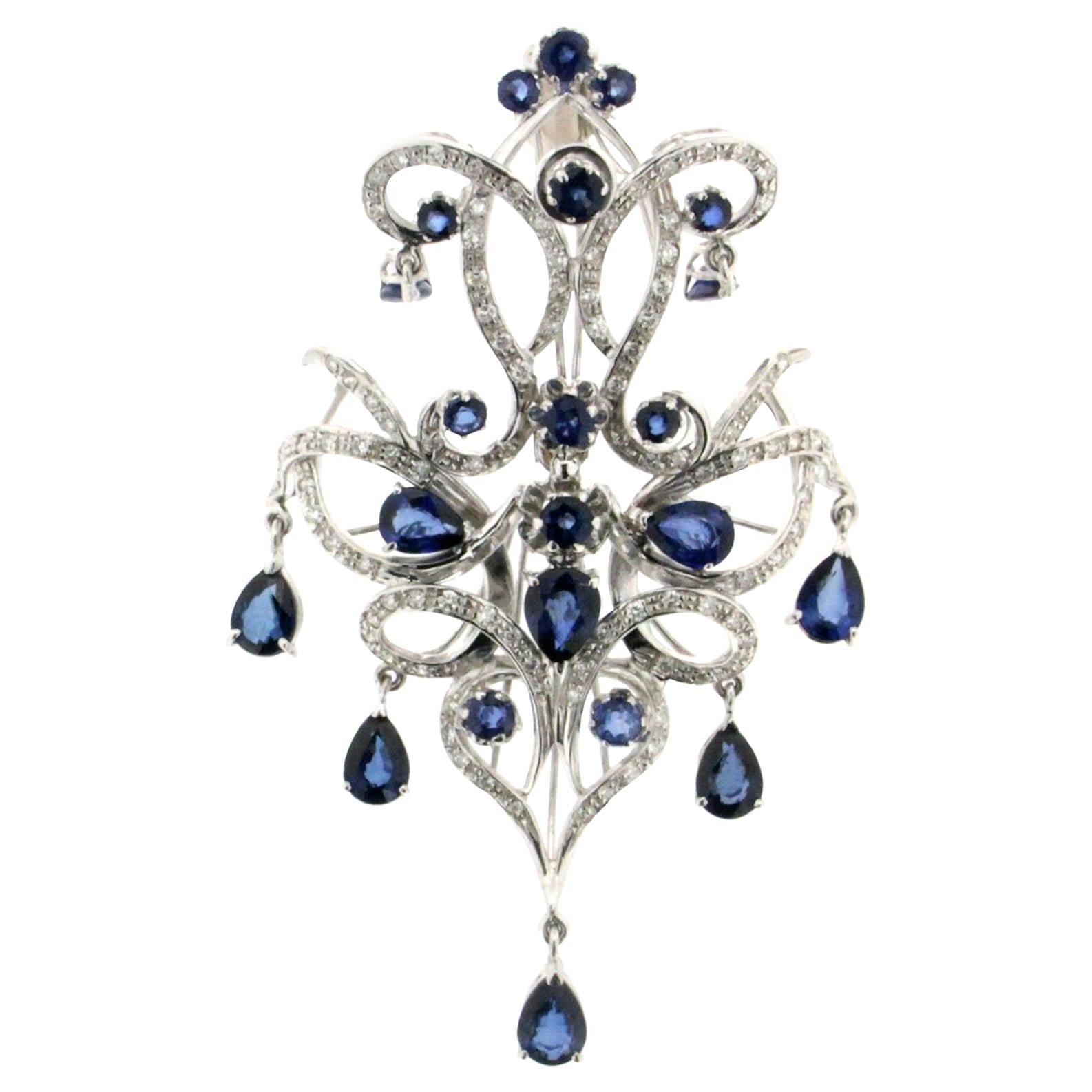 Handcraft Sapphires Drops 18 Karat White Gold Diamonds Pendant Necklace For Sale
