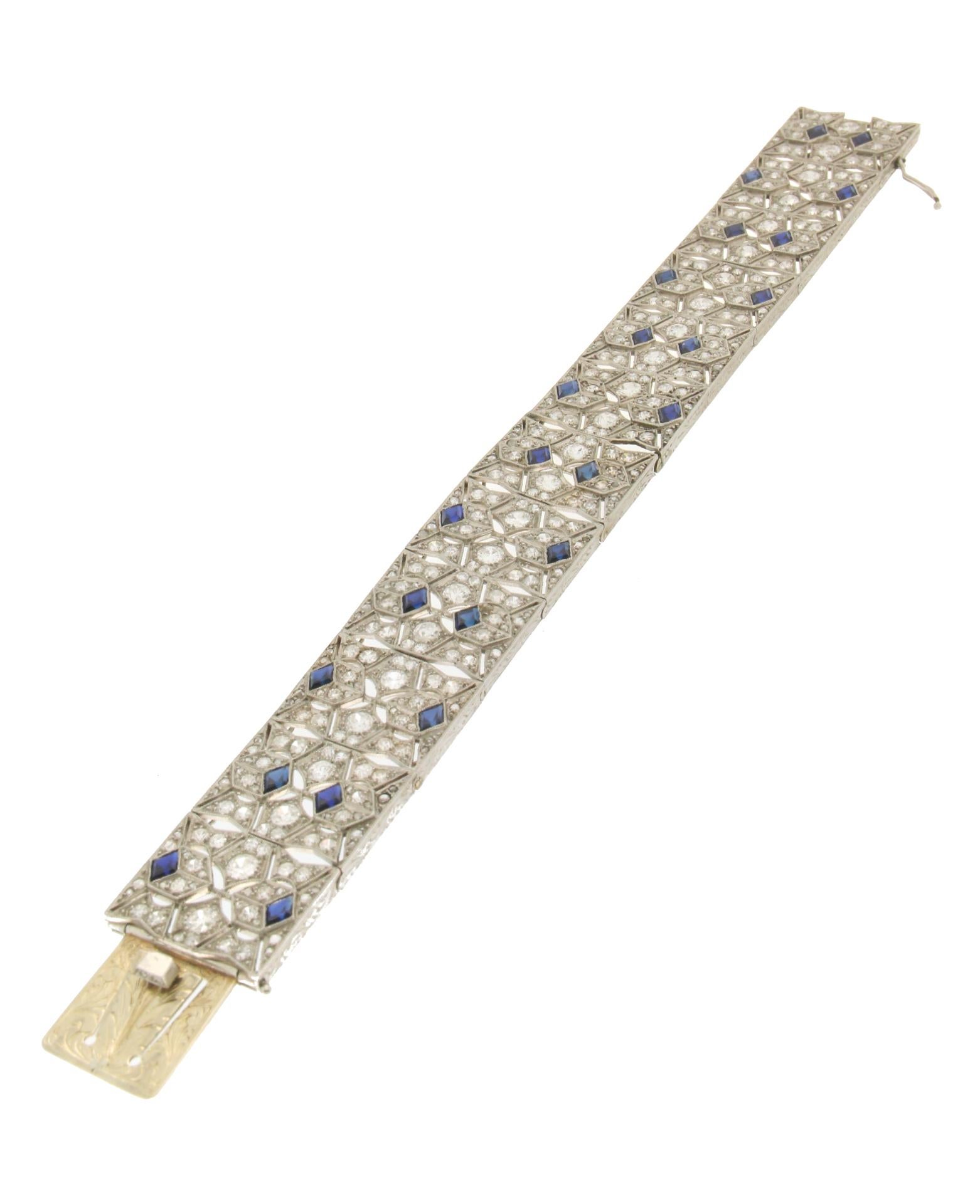 Artisan Handcraft Sapphires Platinum Diamonds Cuff Bracelet