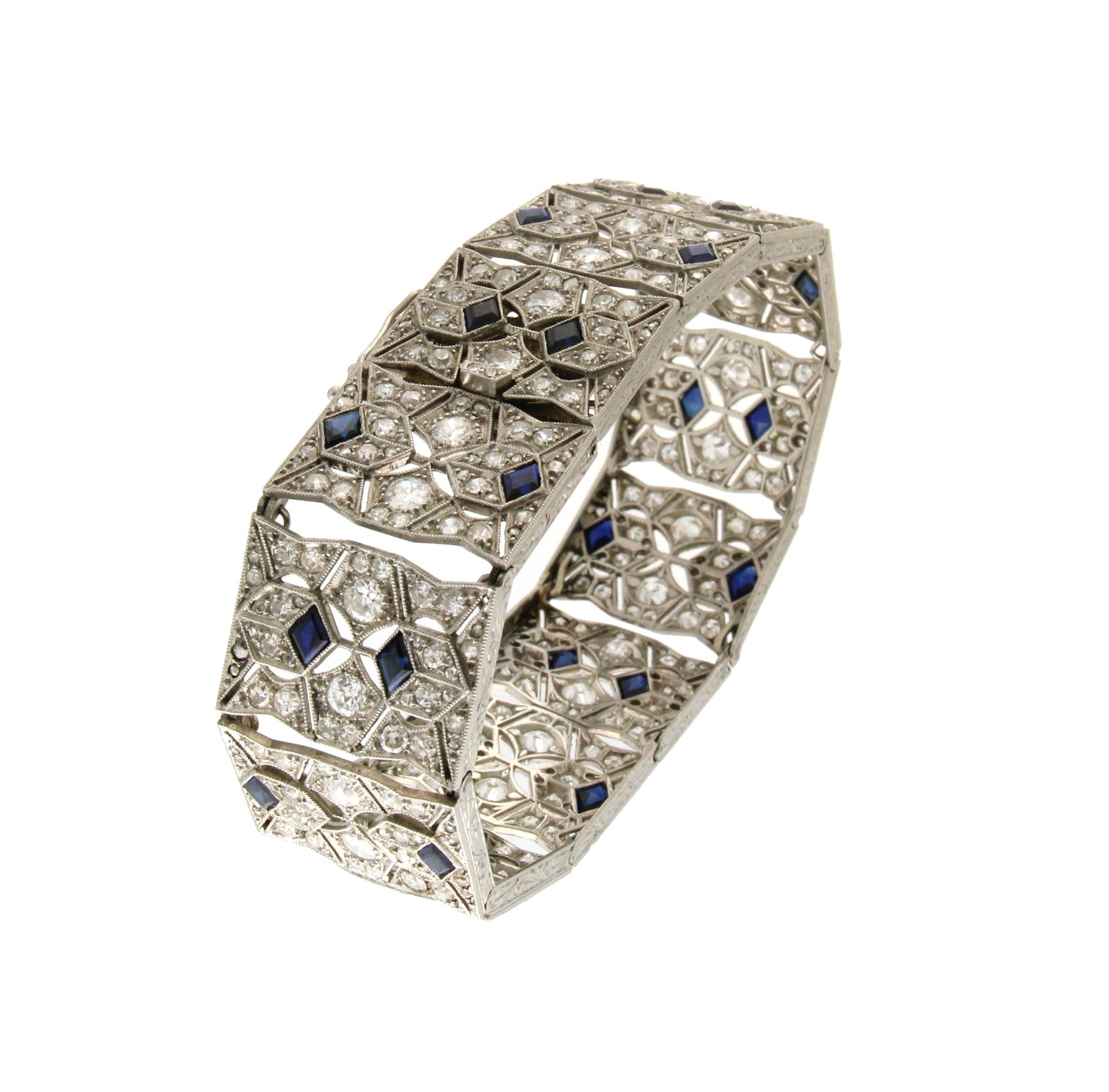 Mixed Cut Handcraft Sapphires Platinum Diamonds Cuff Bracelet