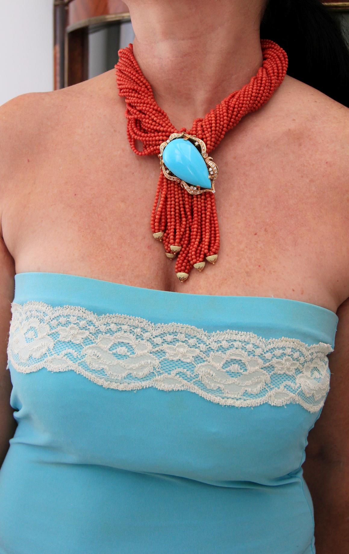 Artisan Handcraft Sardinia Coral 18 Karat Gold Diamonds Paste Turquoise Drop Necklace For Sale
