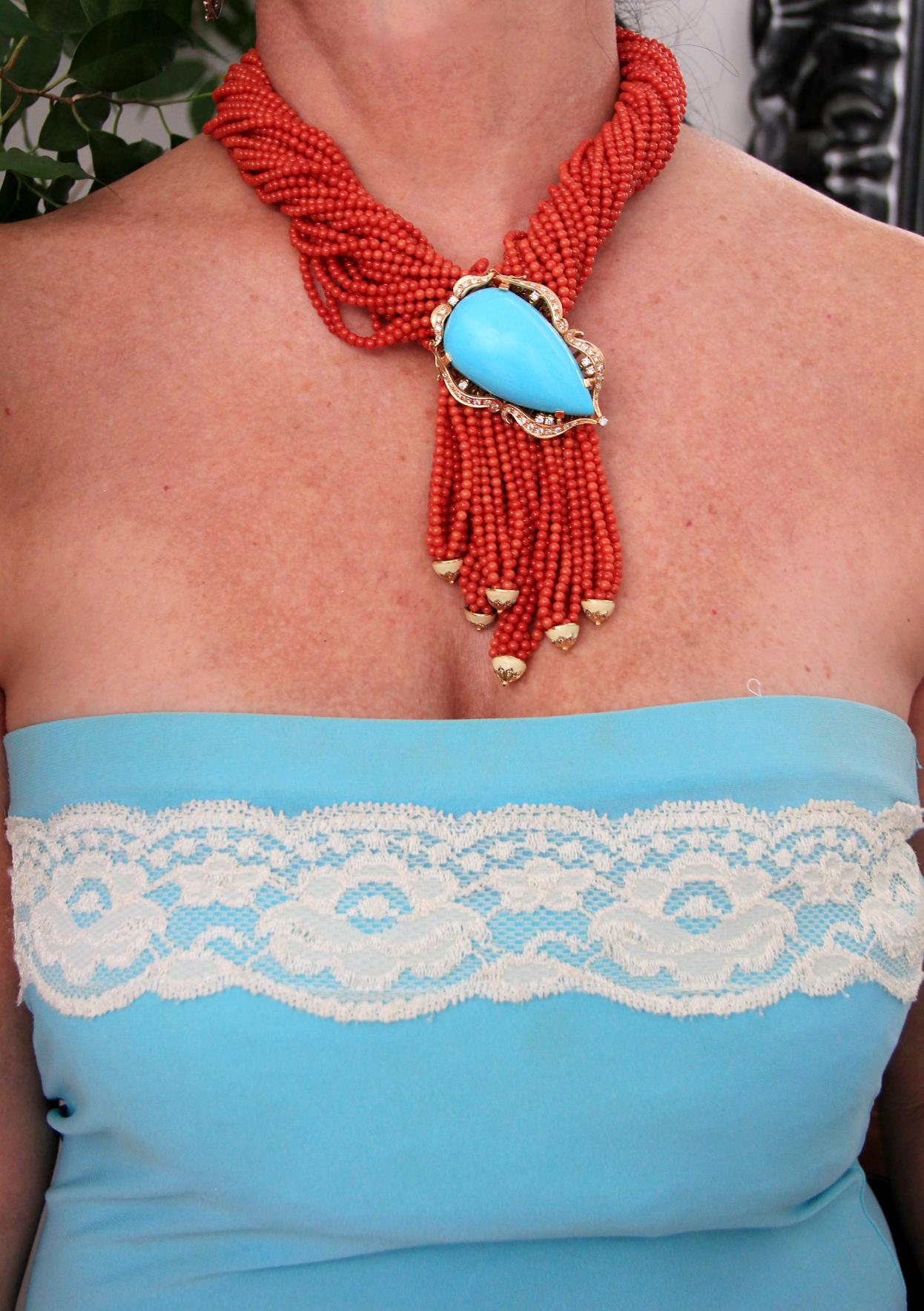 Brilliant Cut Handcraft Sardinia Coral 18 Karat Gold Diamonds Paste Turquoise Drop Necklace For Sale