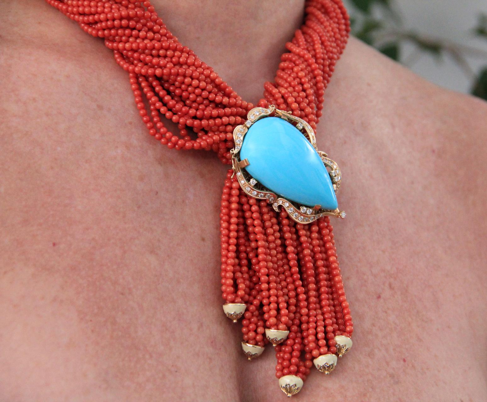 Women's or Men's Handcraft Sardinia Coral 18 Karat Gold Diamonds Paste Turquoise Drop Necklace For Sale