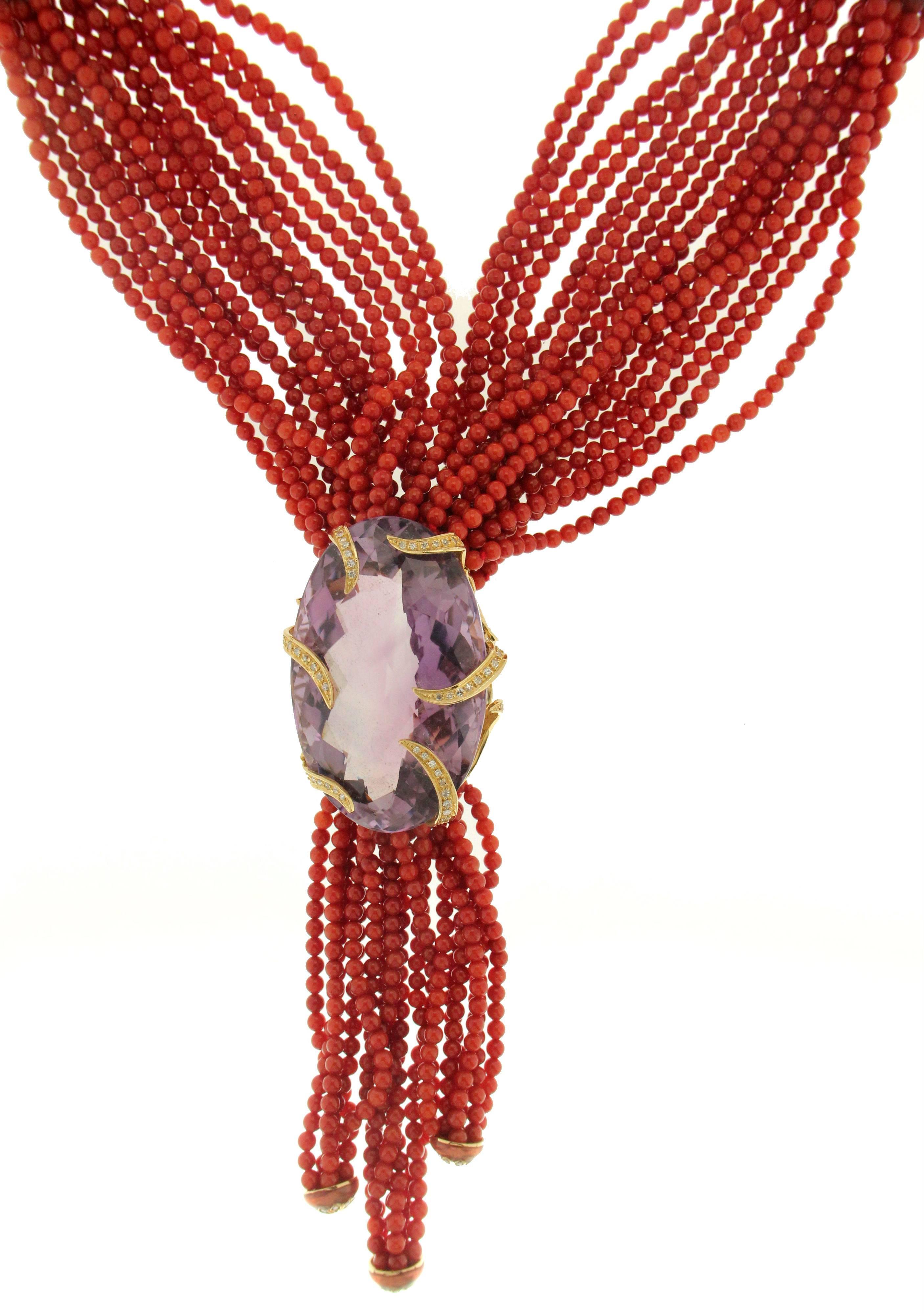 Handgefertigte Sardinien Koralle 18 Karat Gelbgold Diamanten Amethyst Tropfen-Halskette (Kunsthandwerker*in) im Angebot