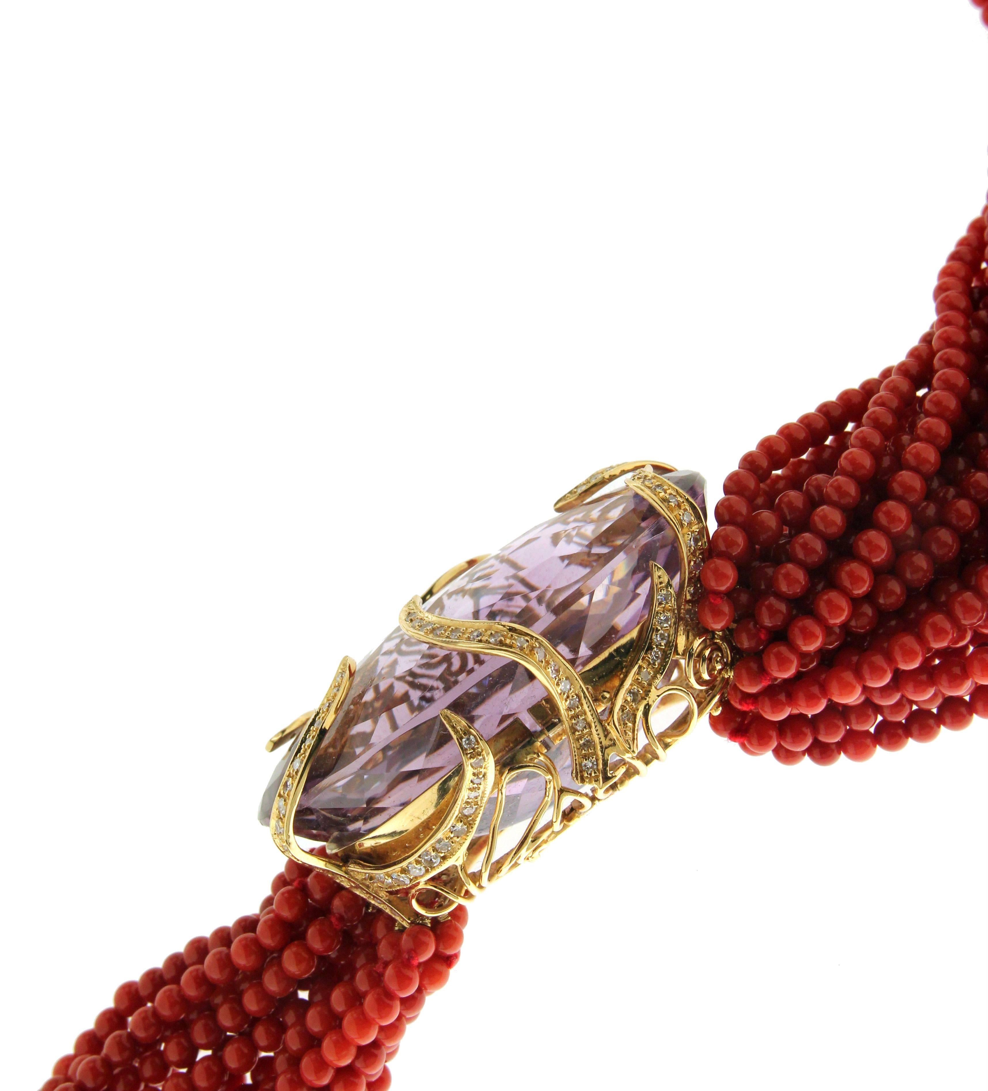 Handcraft Sardinia Coral 18 Karat Yellow Gold Diamonds Amethyst Drop Necklace In New Condition For Sale In Marcianise, IT