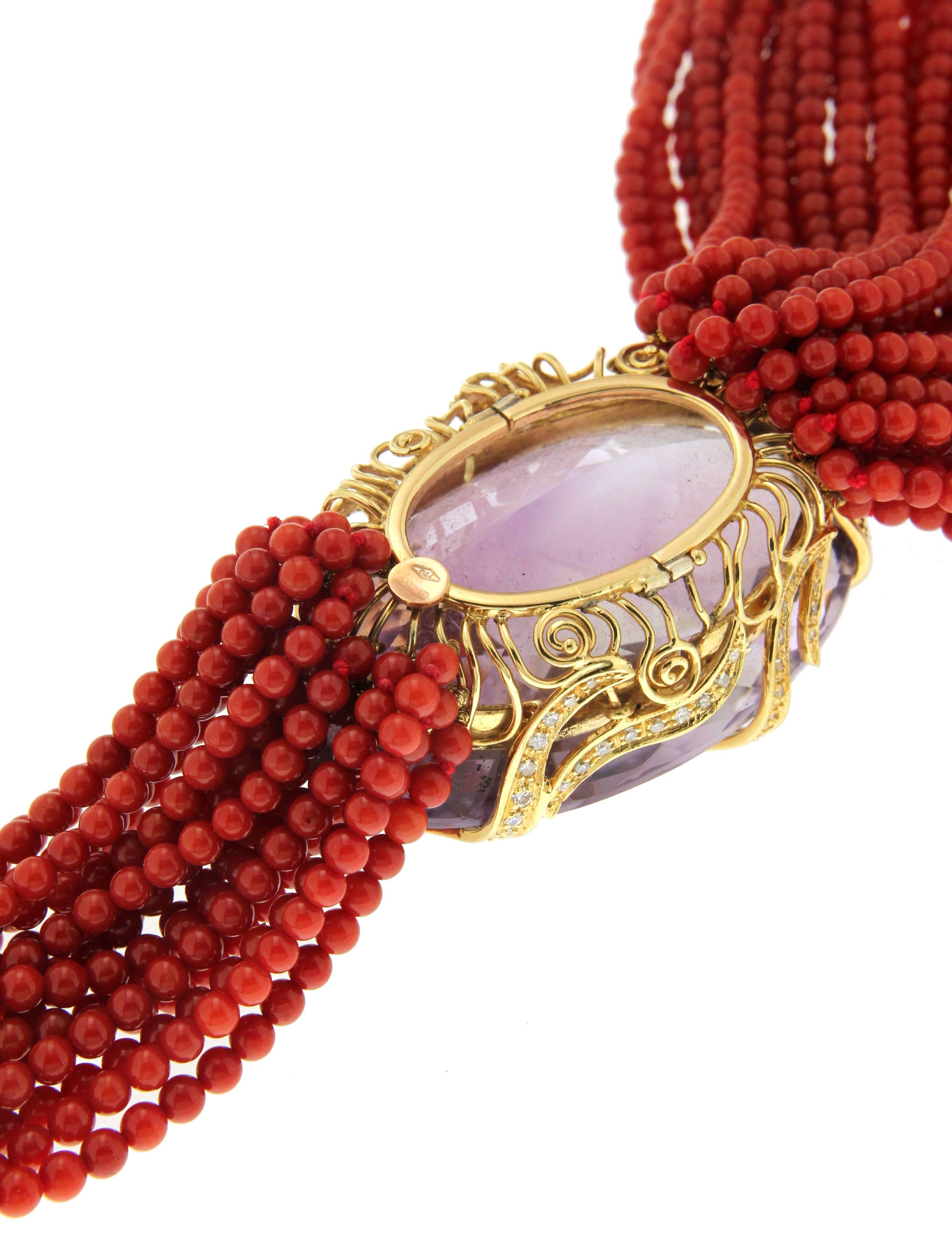 Women's or Men's Handcraft Sardinia Coral 18 Karat Yellow Gold Diamonds Amethyst Drop Necklace For Sale