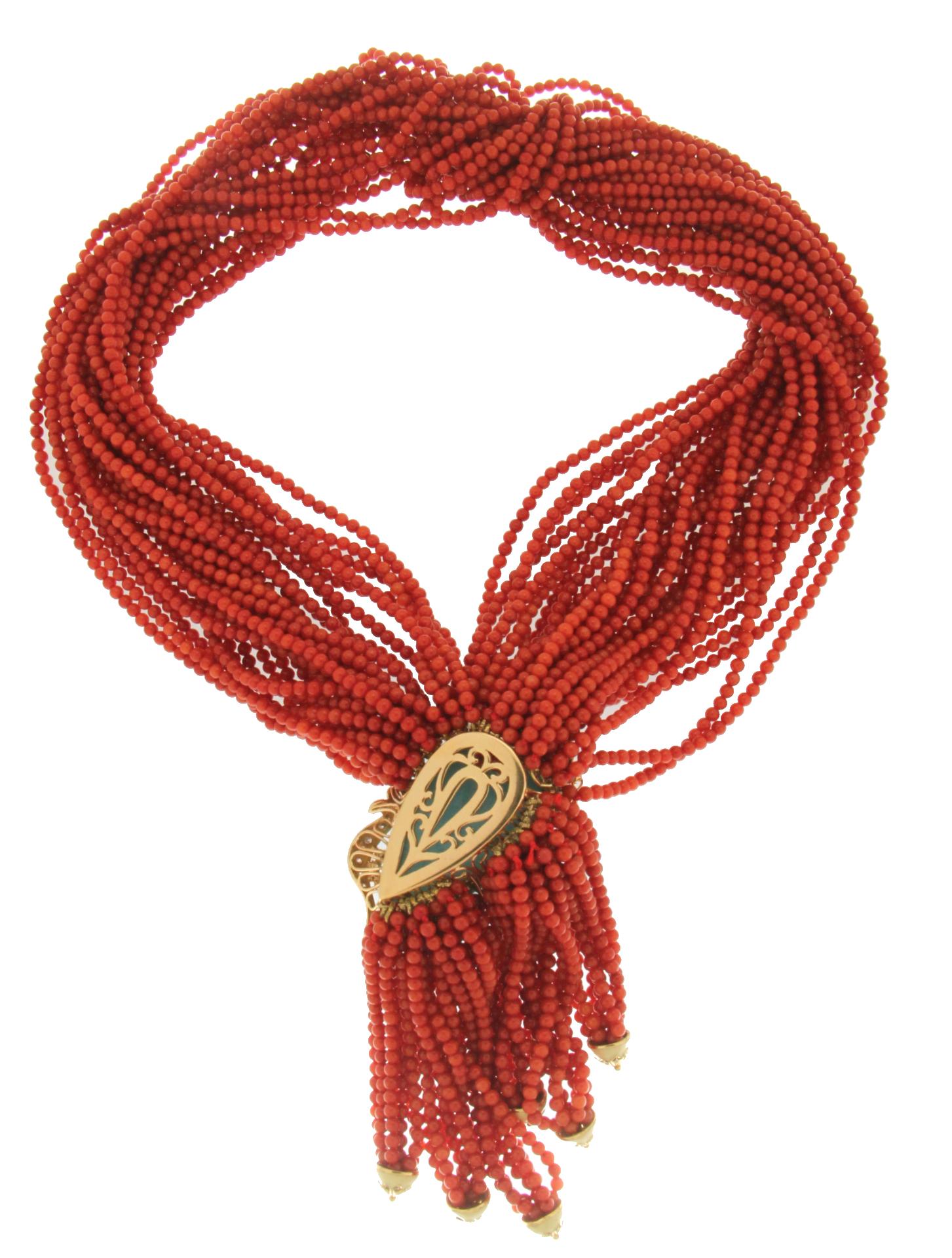 Handgefertigte Sardinien Koralle 18 Karat Gold Diamanten Paste Türkis Tropfen Halskette (Kunsthandwerker*in) im Angebot