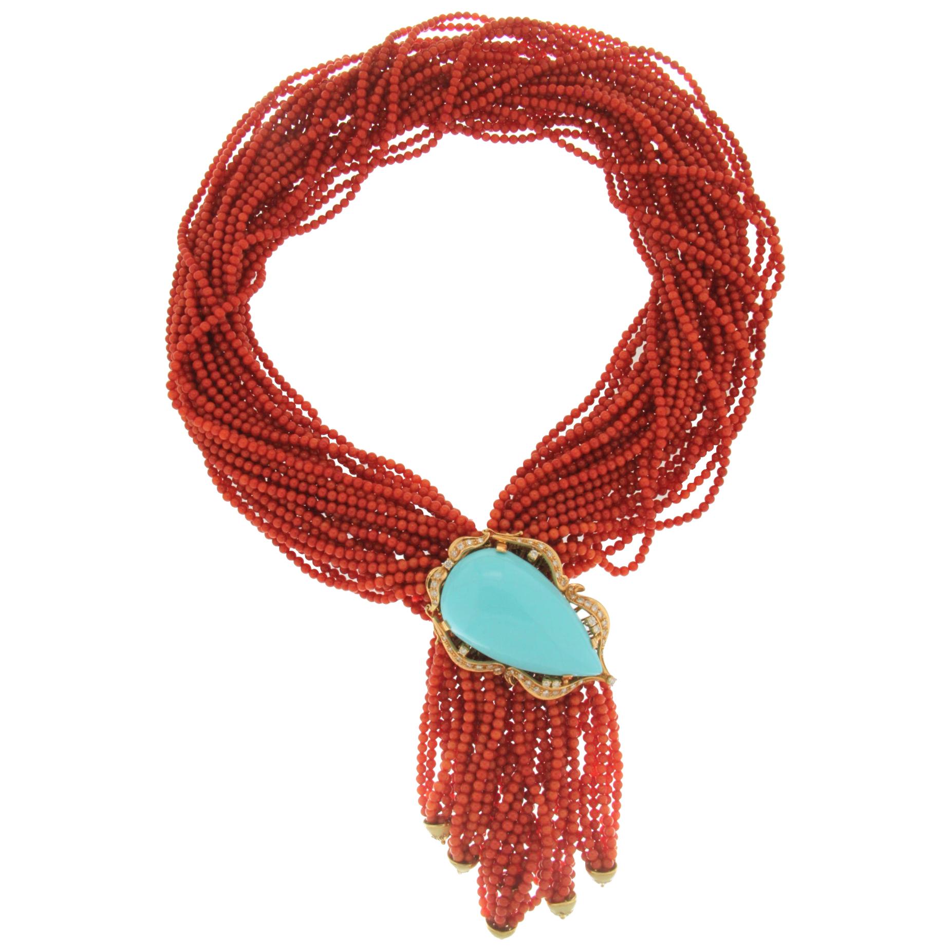Handgefertigte Sardinien Koralle 18 Karat Gold Diamanten Paste Türkis Tropfen Halskette im Angebot