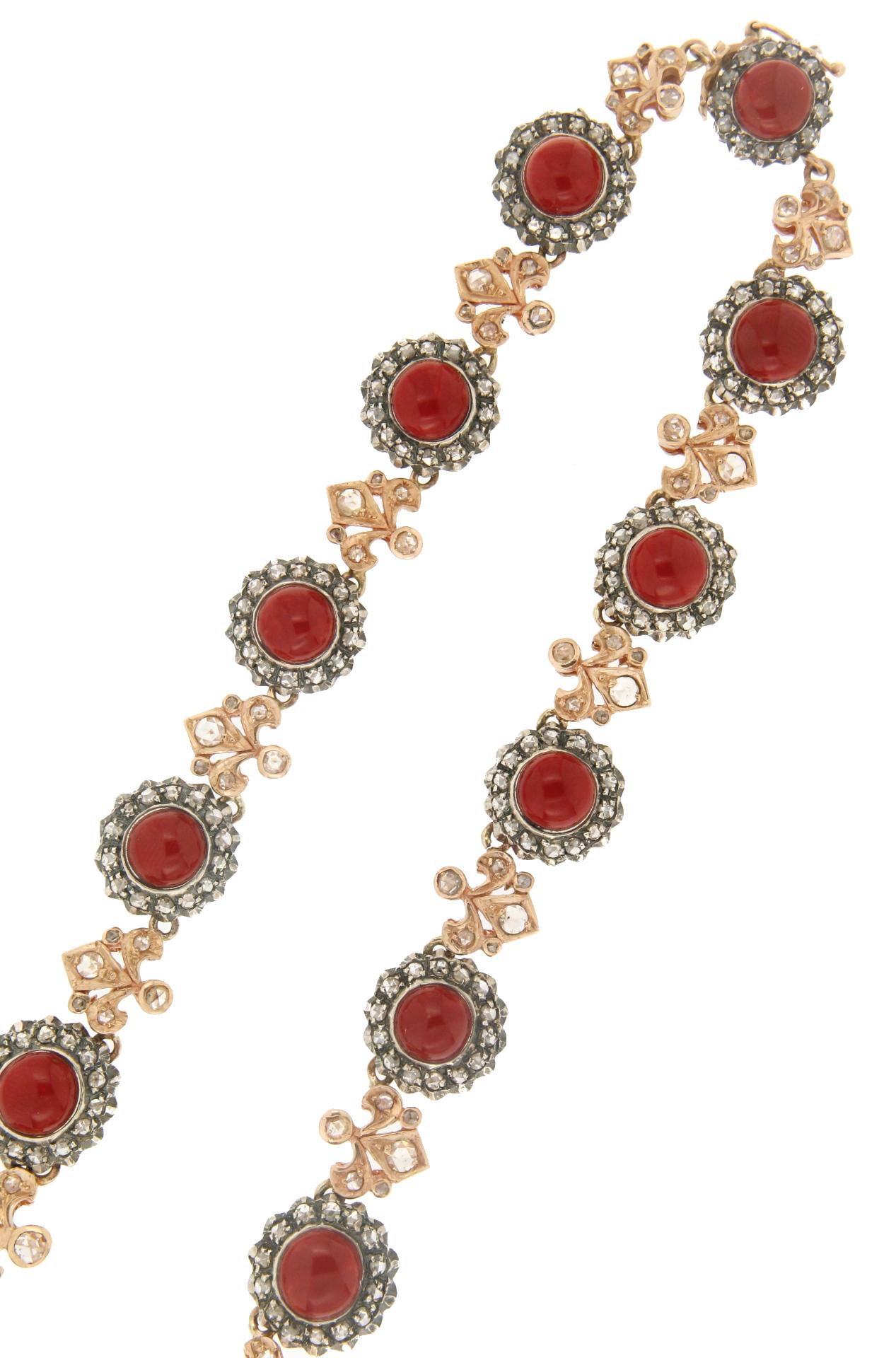 Women's or Men's Handcraft Sardinian Coral 14 Karat Yellow Gold Diamonds Choker Necklace For Sale