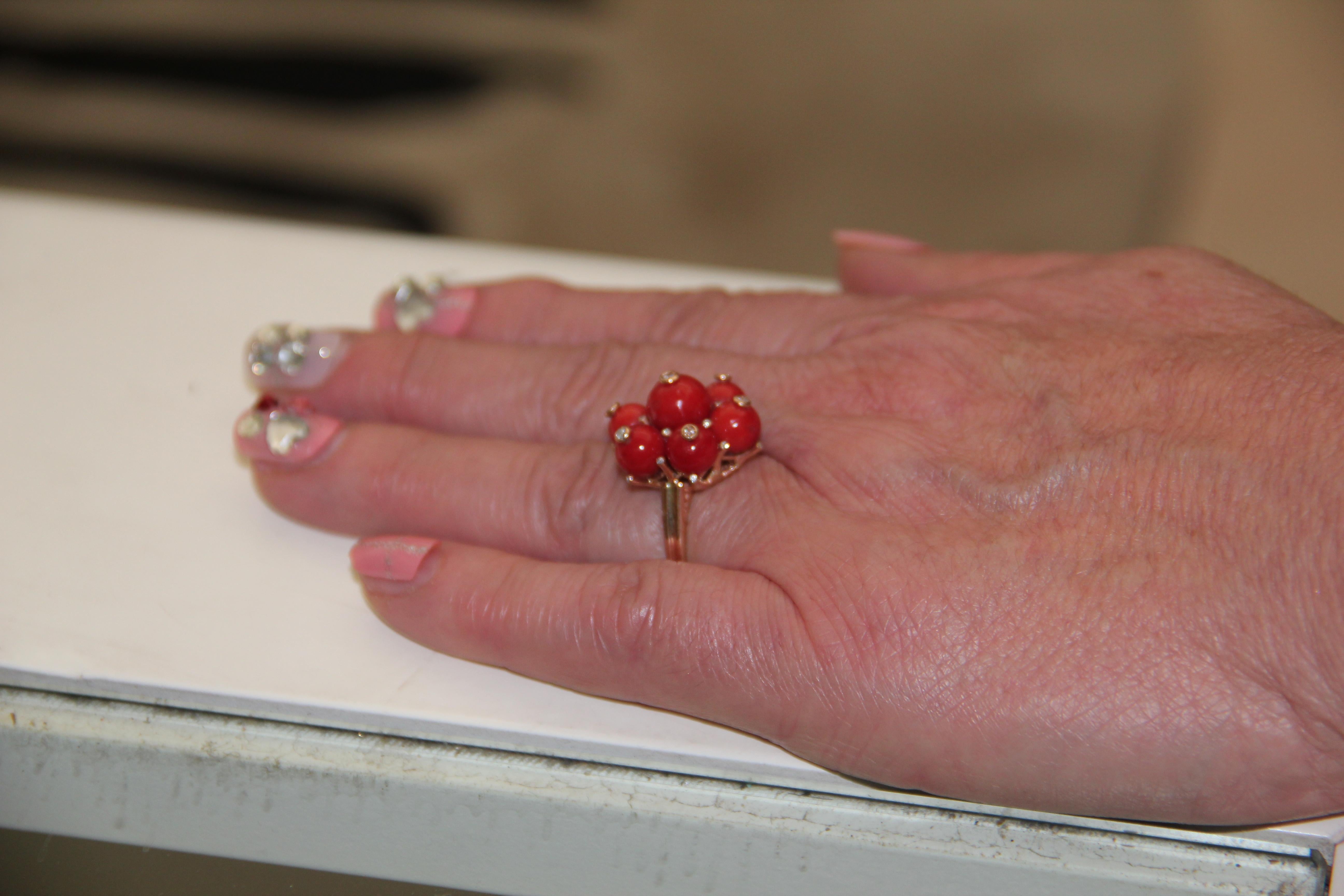 Handcraft Sardinian Coral 14 Karat Yellow Gold Diamonds Cocktail Ring For Sale 6