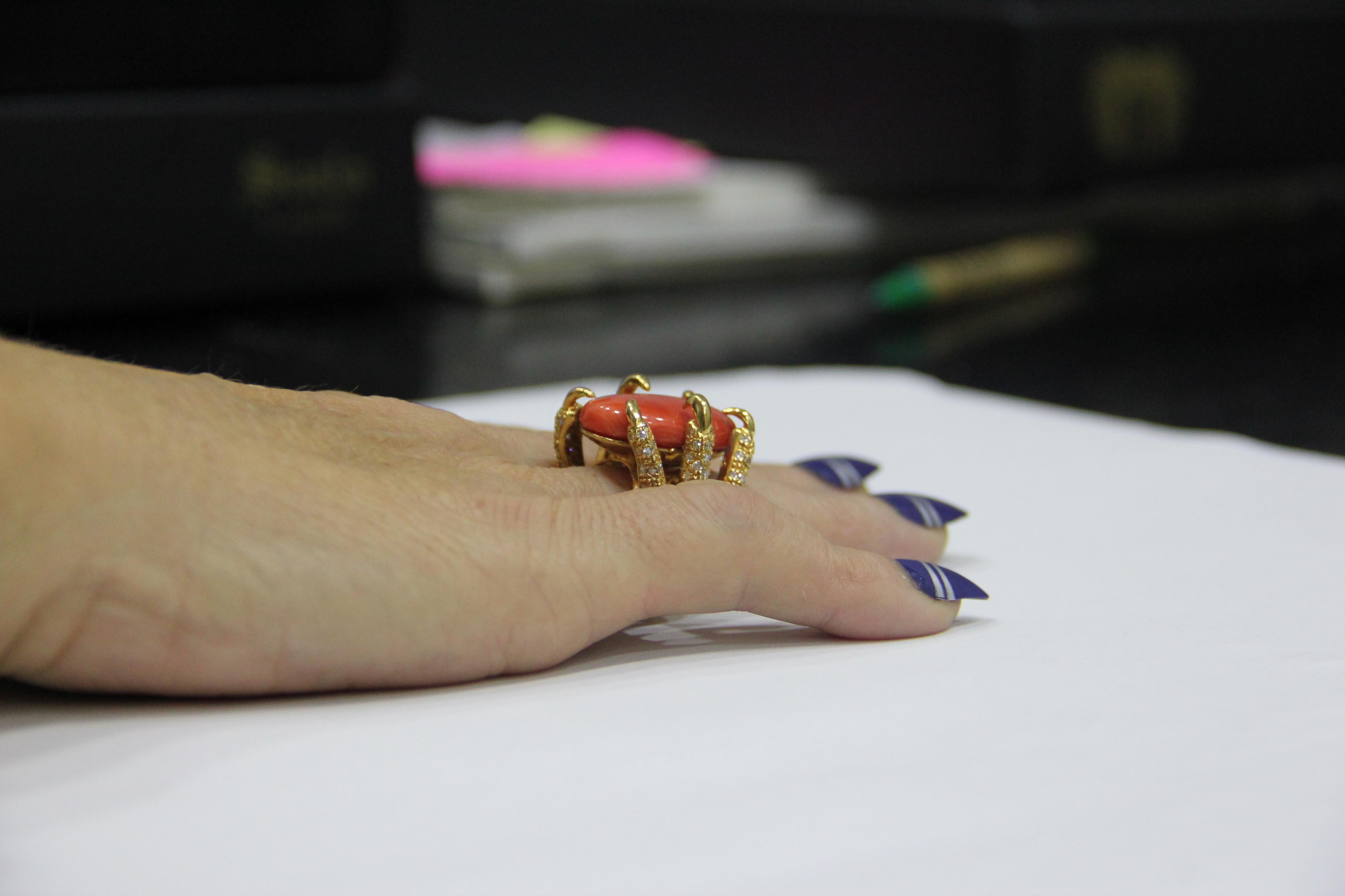 Handcraft Sardinian Coral 14 Karat Yellow Gold Diamonds Cocktail Ring 8