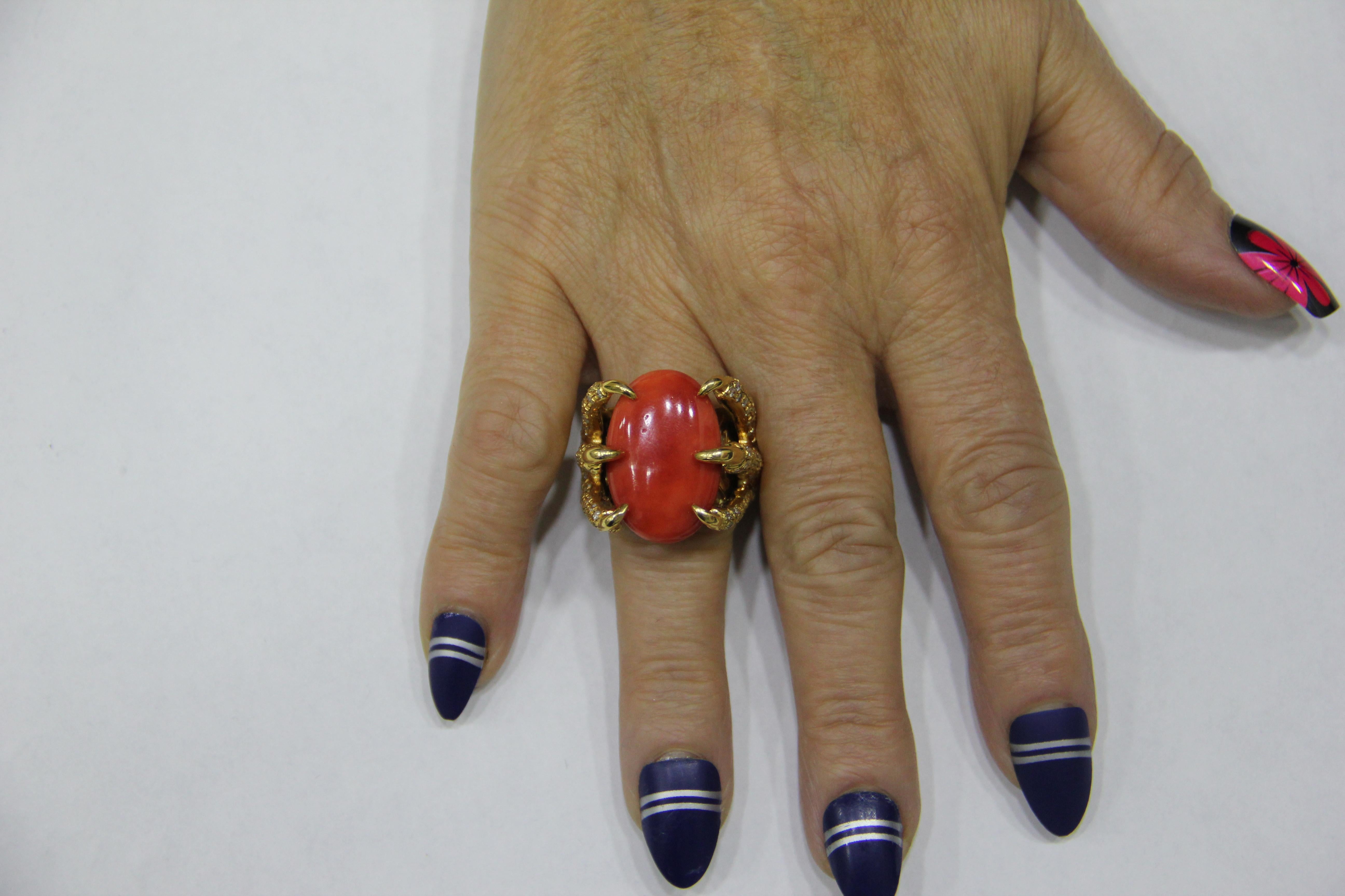 Handcraft Sardinian Coral 14 Karat Yellow Gold Diamonds Cocktail Ring 10