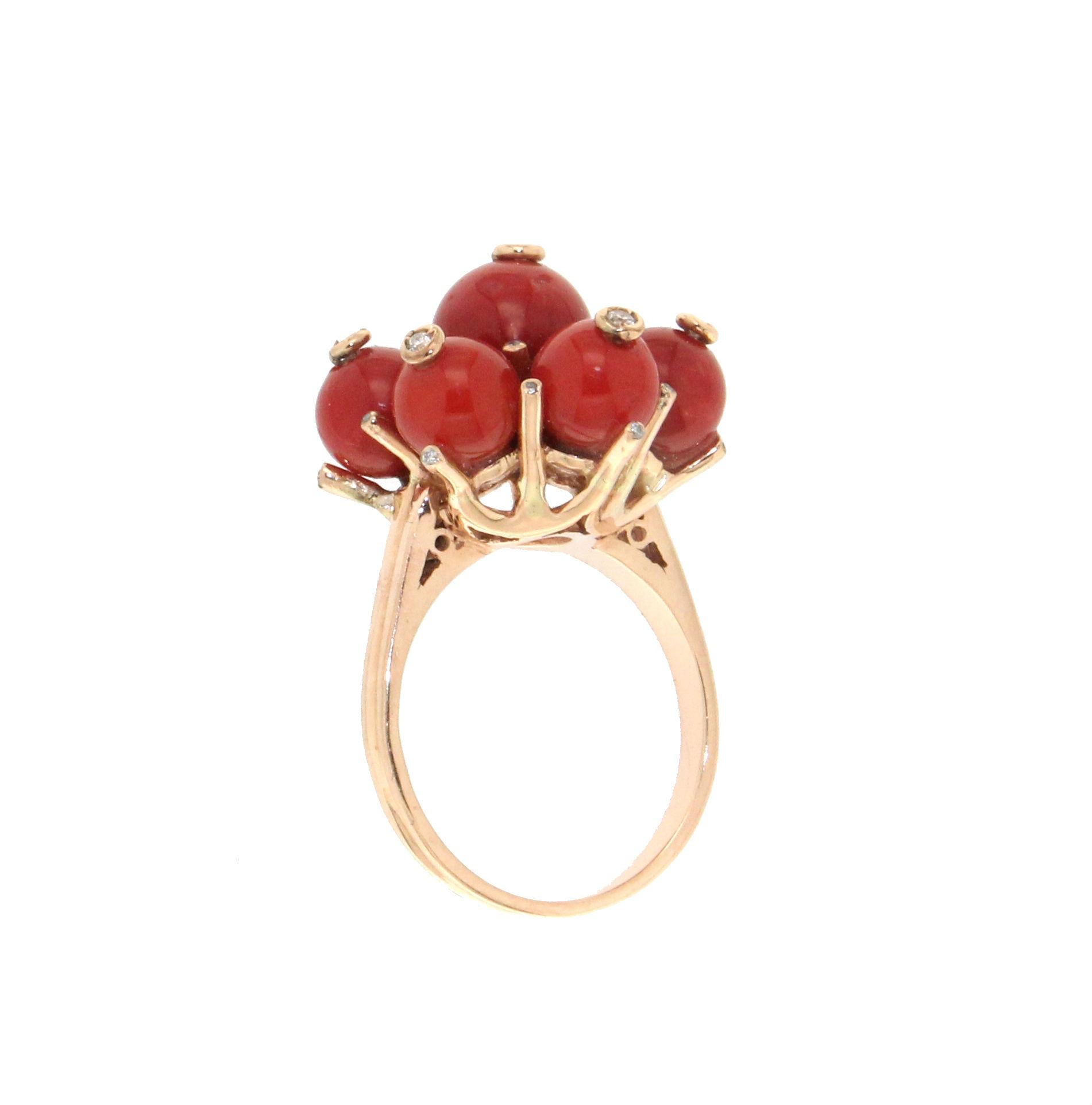 Brilliant Cut Handcraft Sardinian Coral 14 Karat Yellow Gold Diamonds Cocktail Ring For Sale