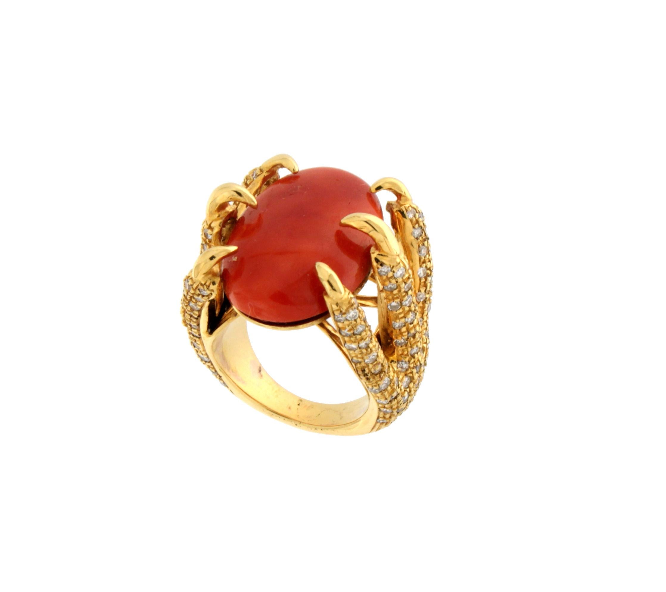 Women's or Men's Handcraft Sardinian Coral 14 Karat Yellow Gold Diamonds Cocktail Ring