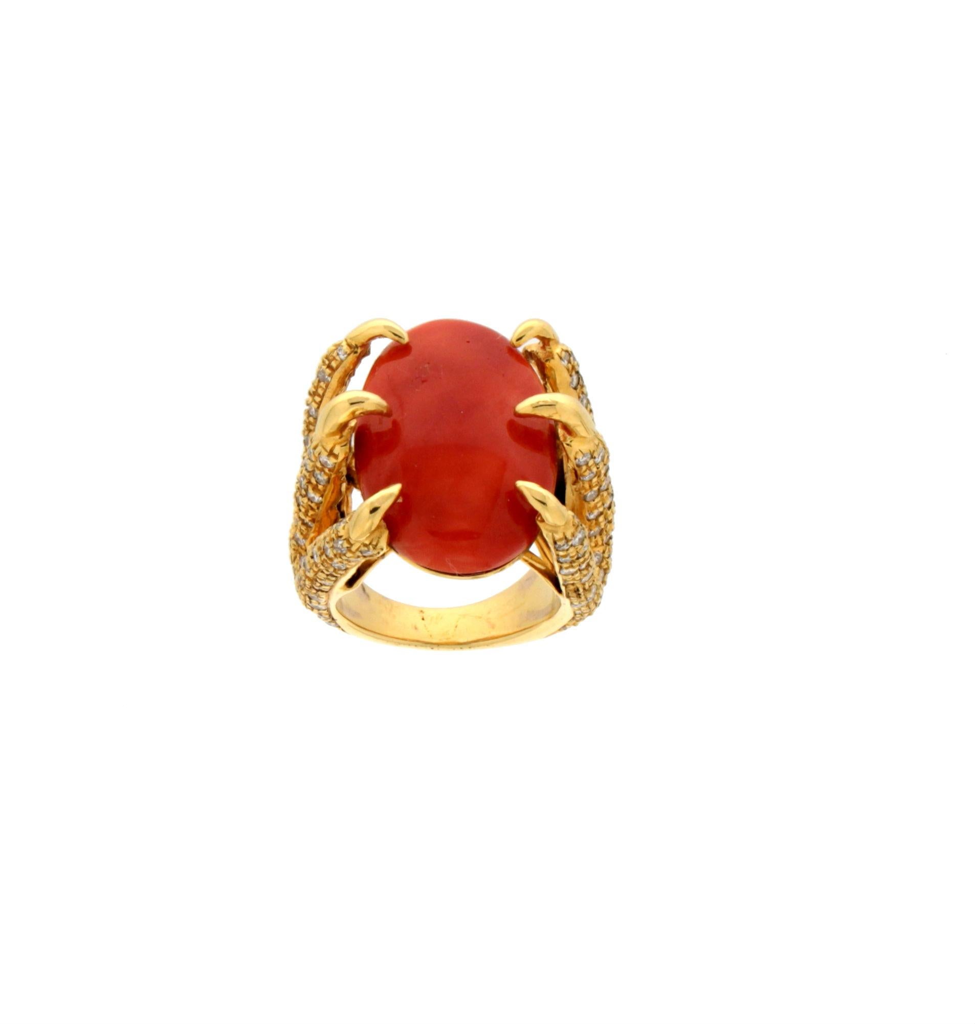 Handcraft Sardinian Coral 14 Karat Yellow Gold Diamonds Cocktail Ring 1