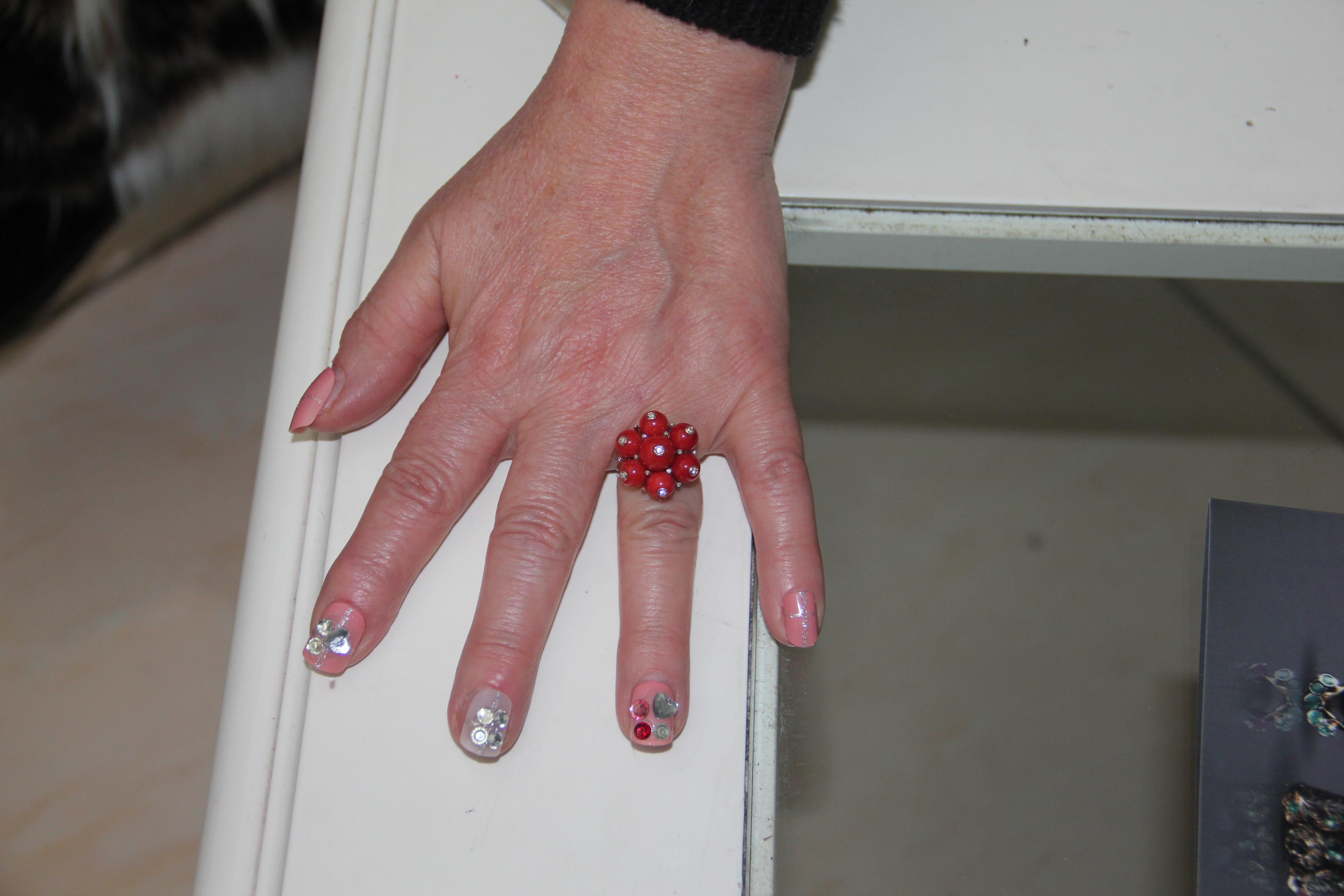 Handcraft Sardinian Coral 14 Karat Yellow Gold Diamonds Cocktail Ring For Sale 2