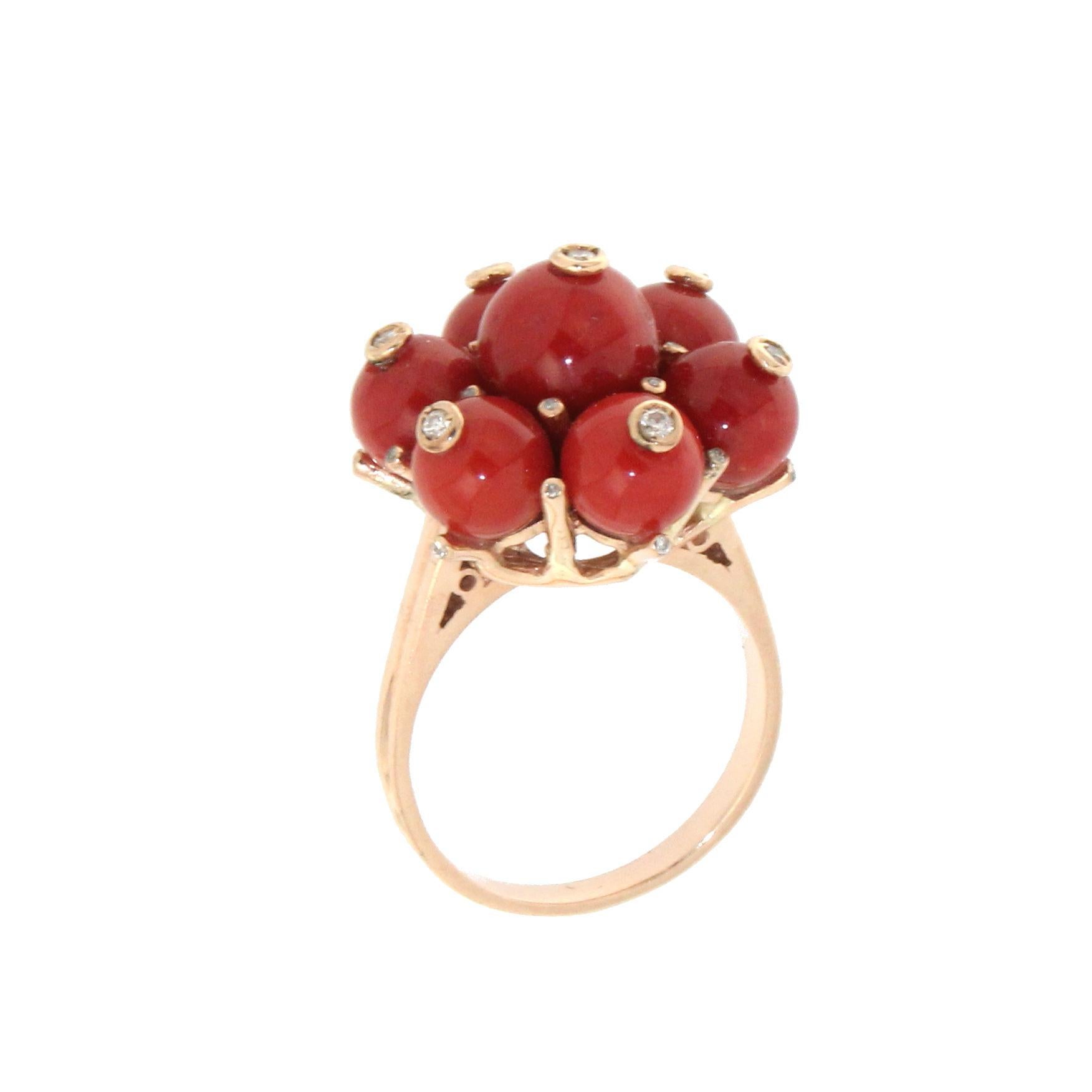 Women's or Men's Handcraft Sardinian Coral 14 Karat Yellow Gold Diamonds Cocktail Ring For Sale