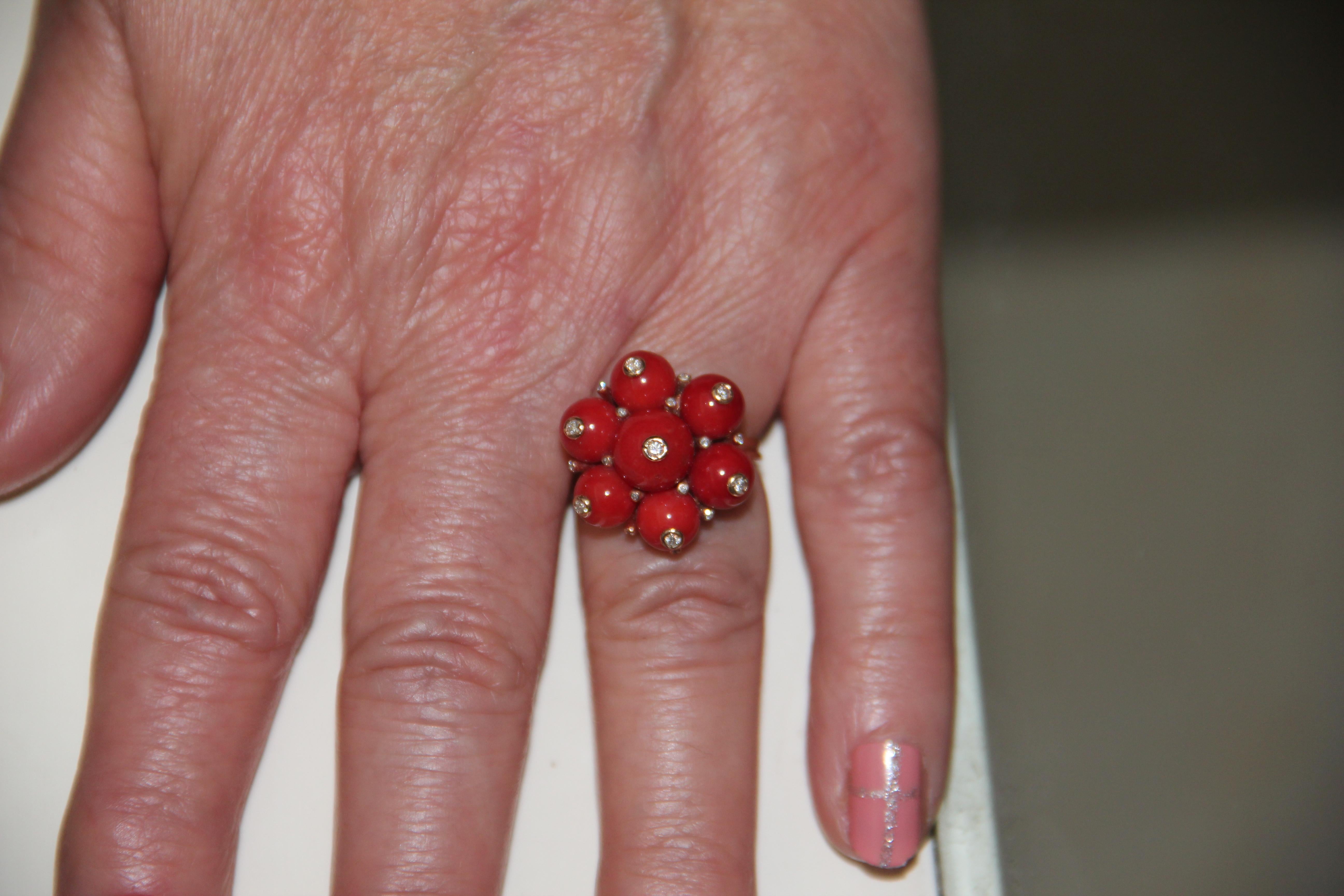 Handcraft Sardinian Coral 14 Karat Yellow Gold Diamonds Cocktail Ring For Sale 3