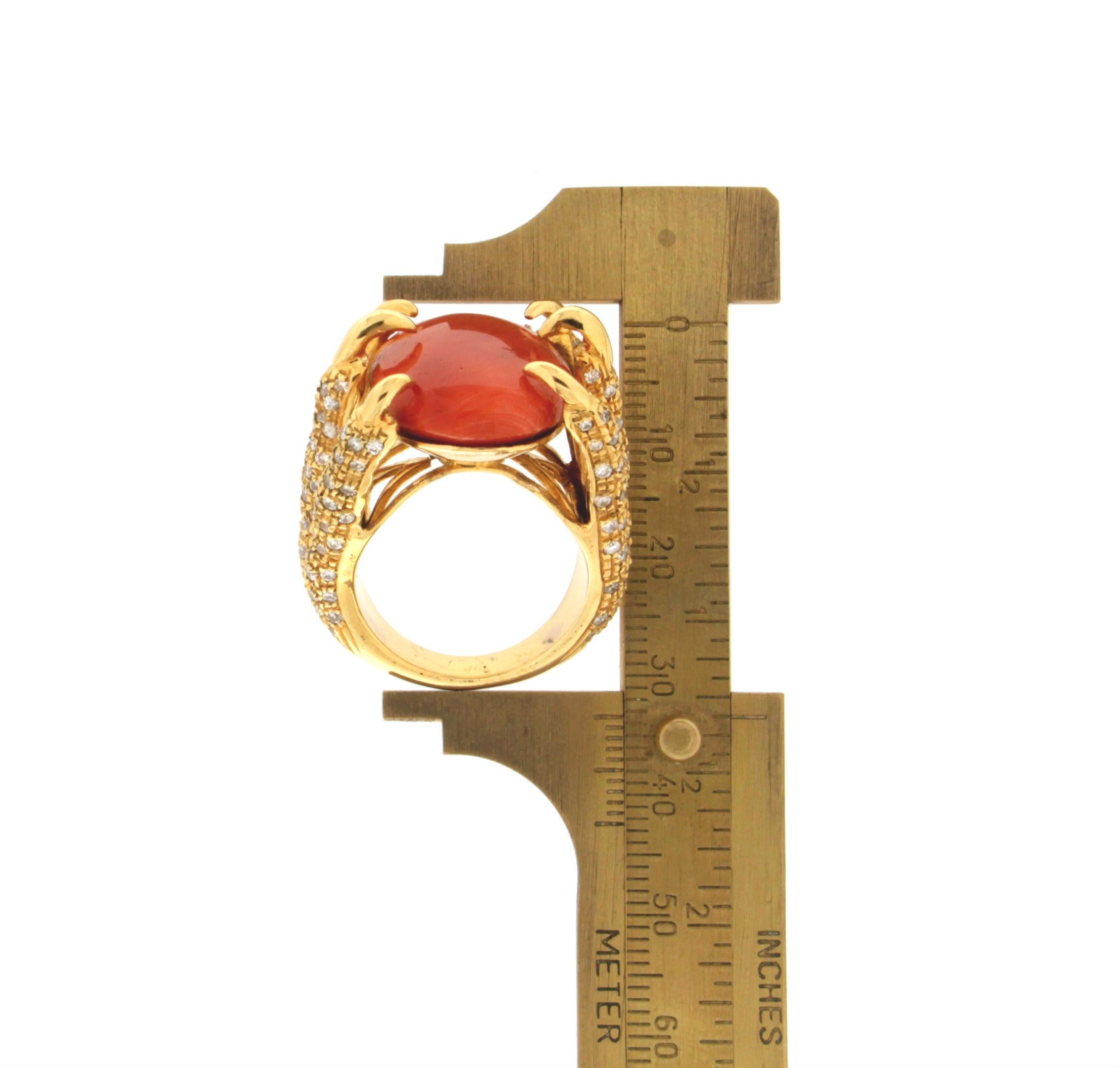 Handcraft Sardinian Coral 14 Karat Yellow Gold Diamonds Cocktail Ring 3