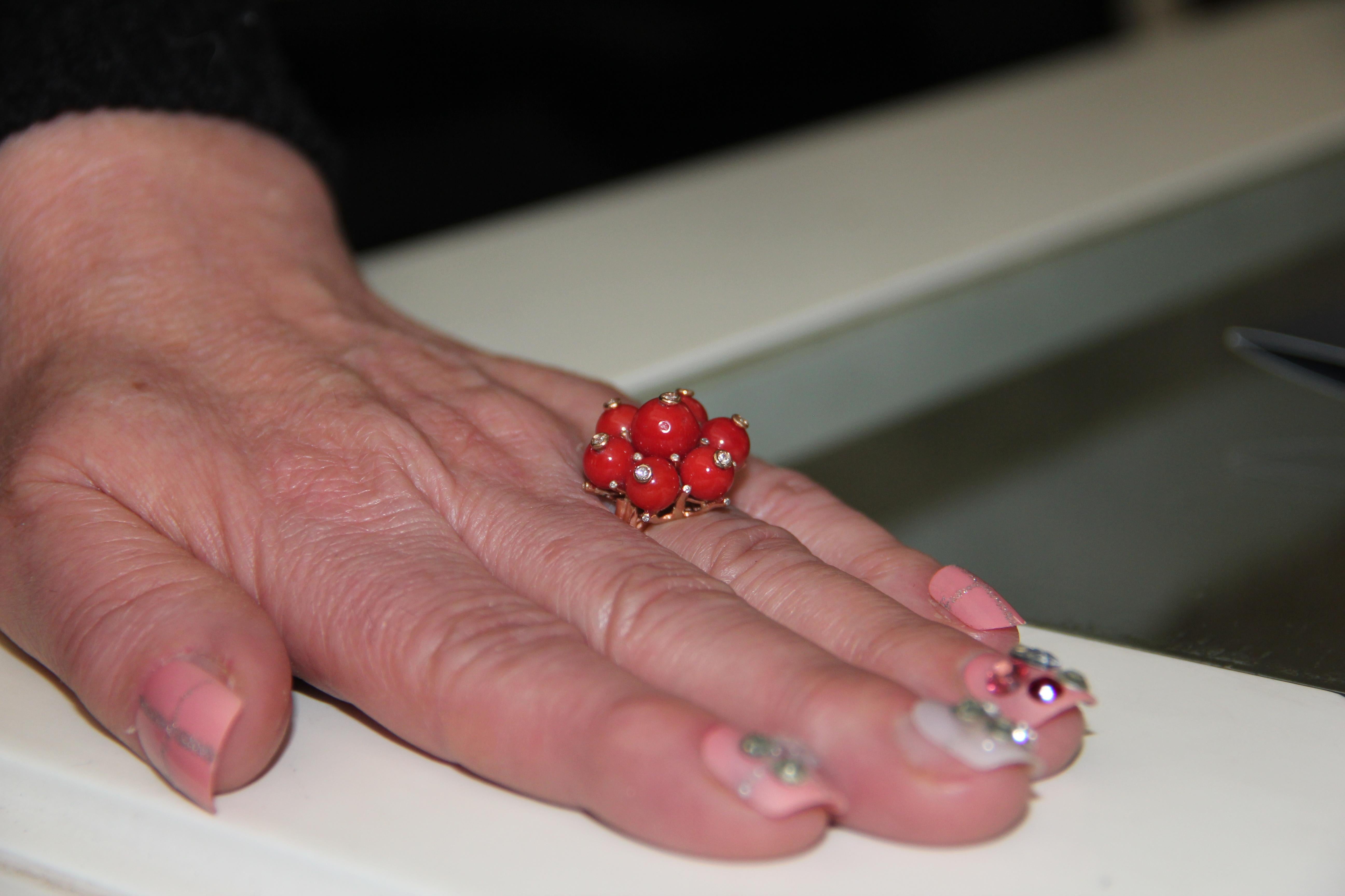Handcraft Sardinian Coral 14 Karat Yellow Gold Diamonds Cocktail Ring For Sale 4