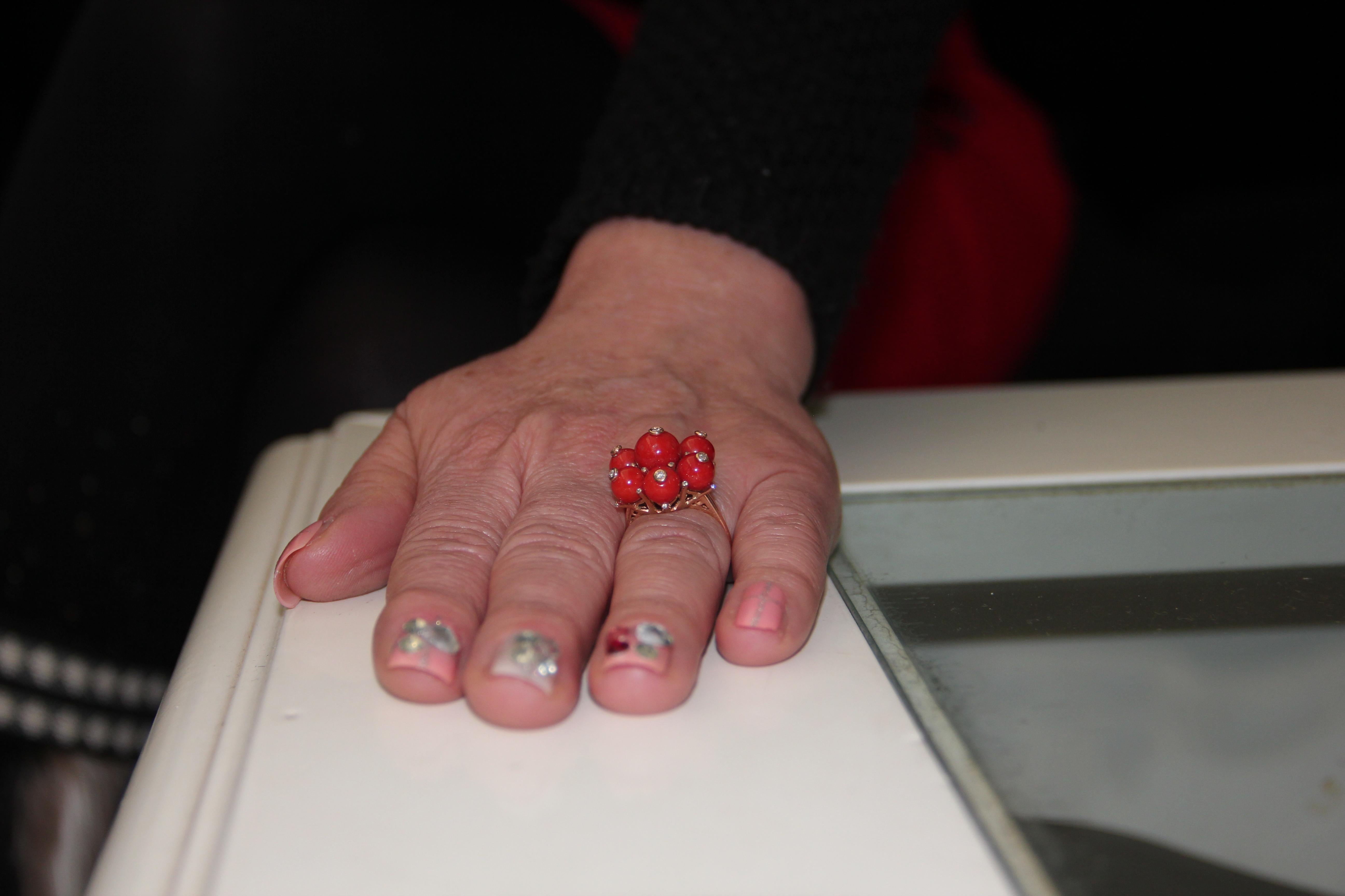Handcraft Sardinian Coral 14 Karat Yellow Gold Diamonds Cocktail Ring For Sale 5