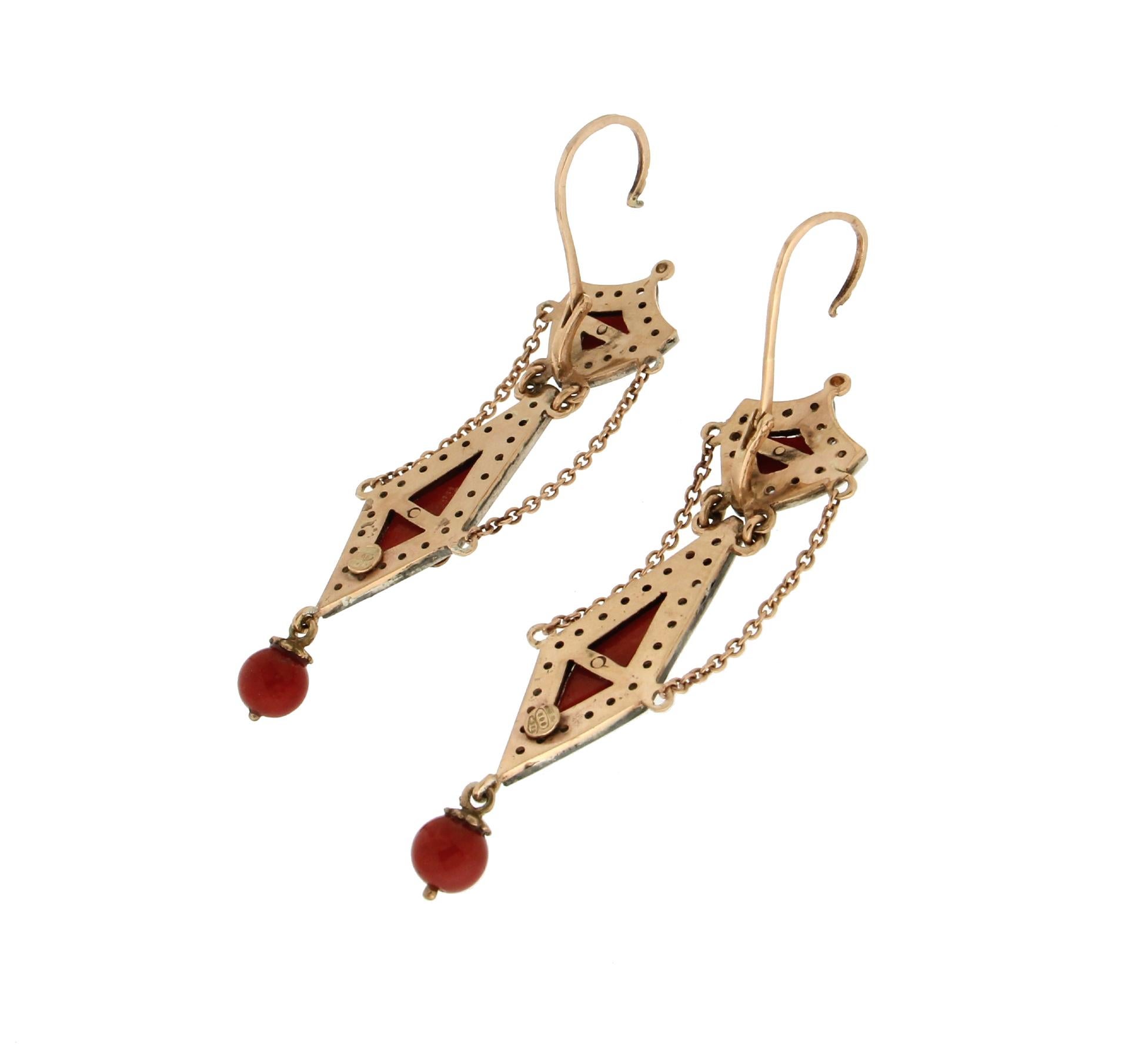 Old European Cut Handcraft Sardinian Coral 14 Karat Yellow Gold Diamonds Dangle Earrings