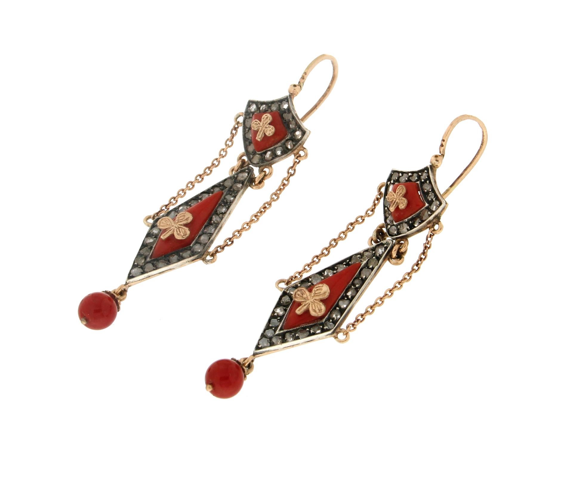 Women's or Men's Handcraft Sardinian Coral 14 Karat Yellow Gold Diamonds Dangle Earrings