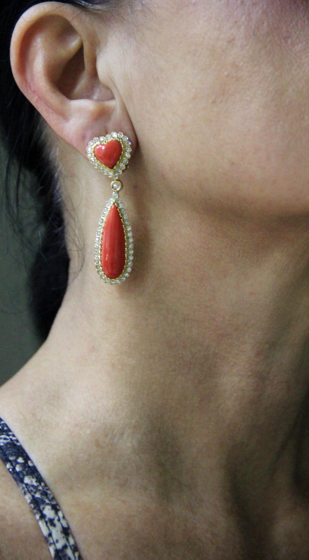 Handcraft Sardinian Coral 14 Karat Yellow Gold Diamonds Drop Earrings For Sale 2