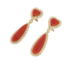 Handcraft Sardinian Coral 14 Karat Yellow Gold Diamonds Drop Earrings