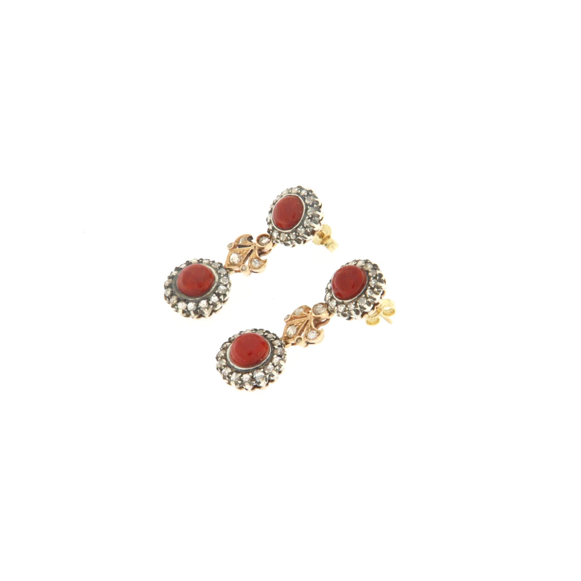 Handcraft Sardinian Coral 14 Karat Yellow Gold Diamonds Drop Earrings In New Condition For Sale In Marcianise, IT