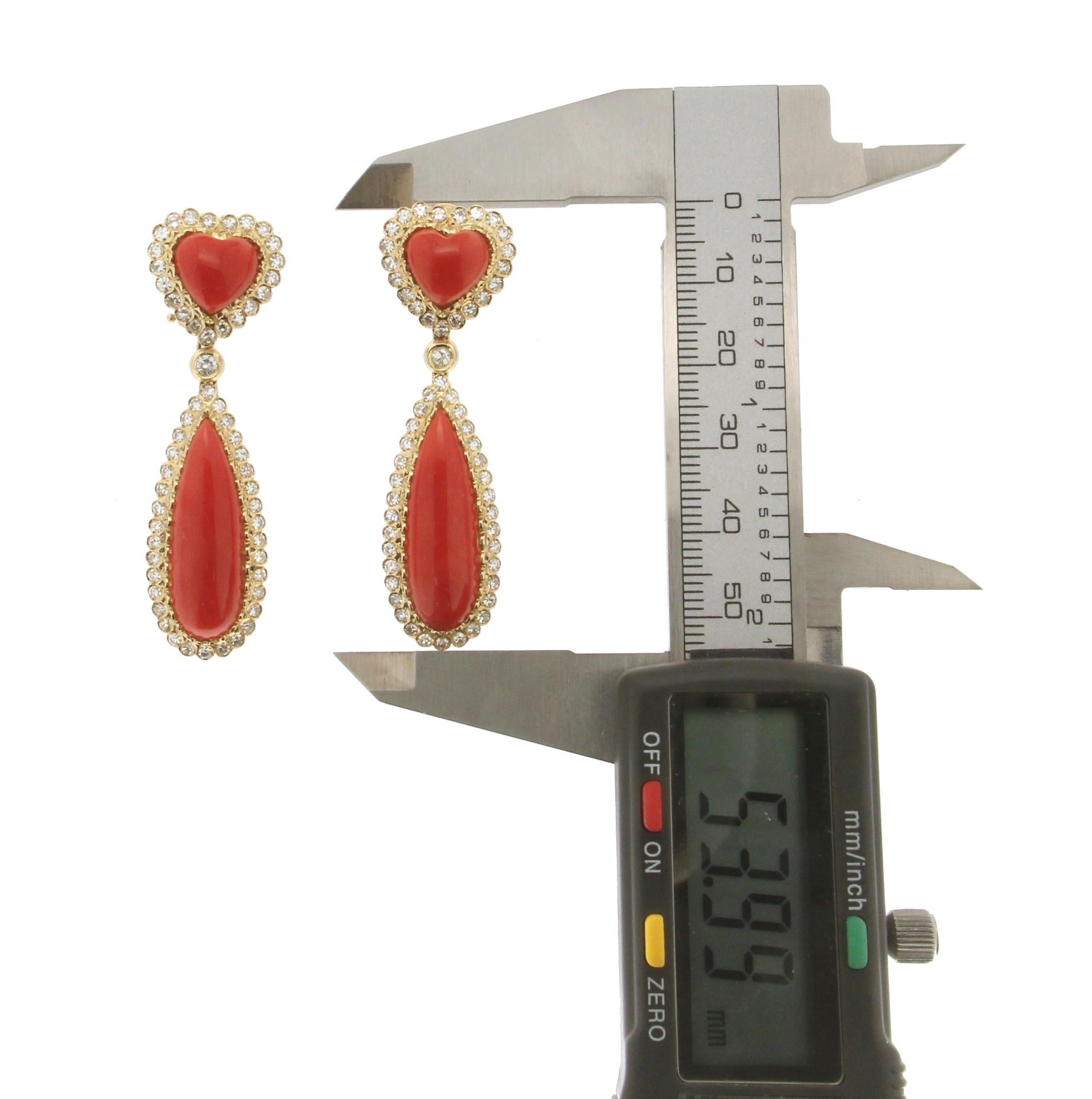 Brilliant Cut Handcraft Sardinian Coral 14 Karat Yellow Gold Diamonds Drop Earrings For Sale