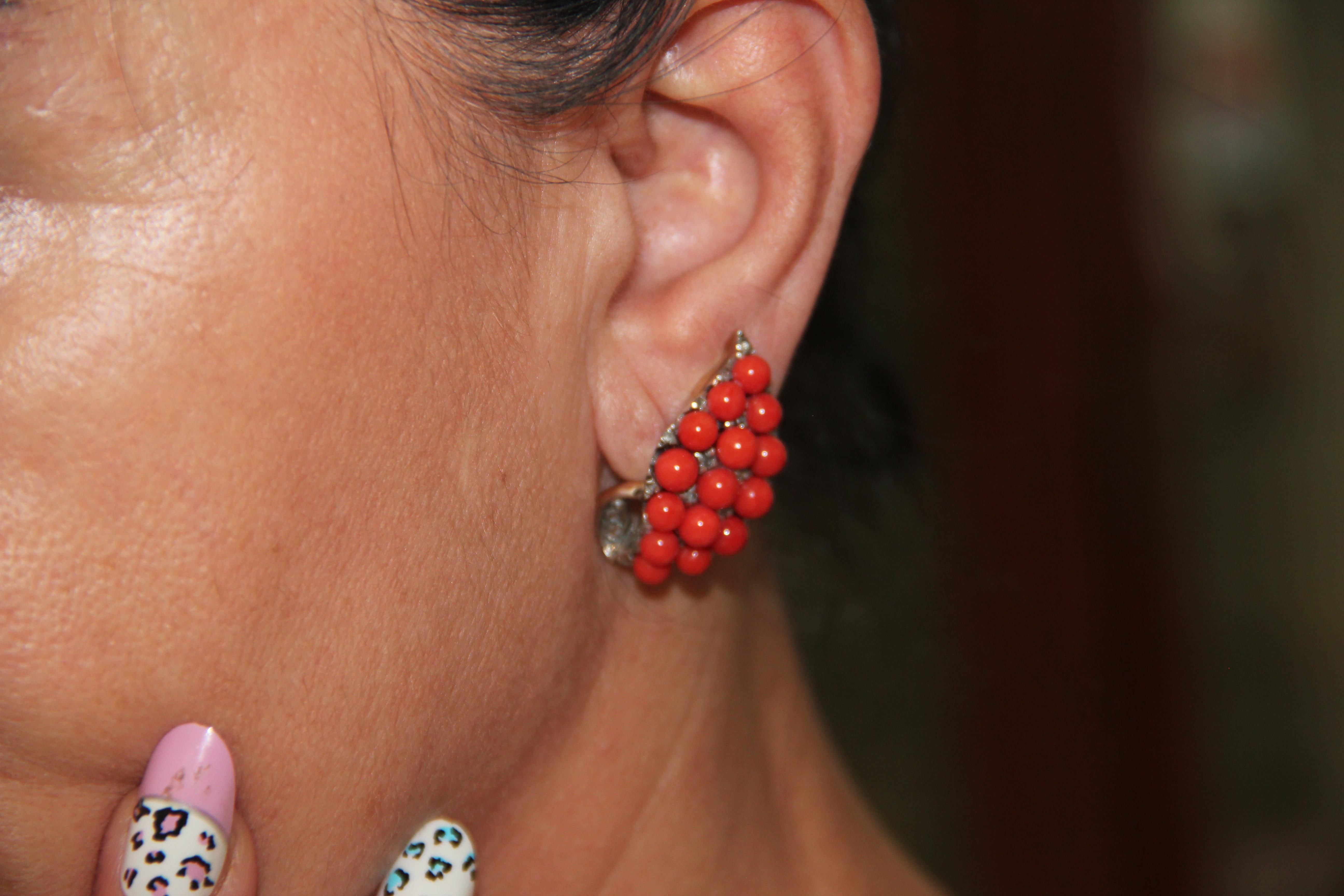Women's or Men's Handcraft Sardinian Coral 14 Karat Yellow Gold Diamonds Stud Earrings For Sale