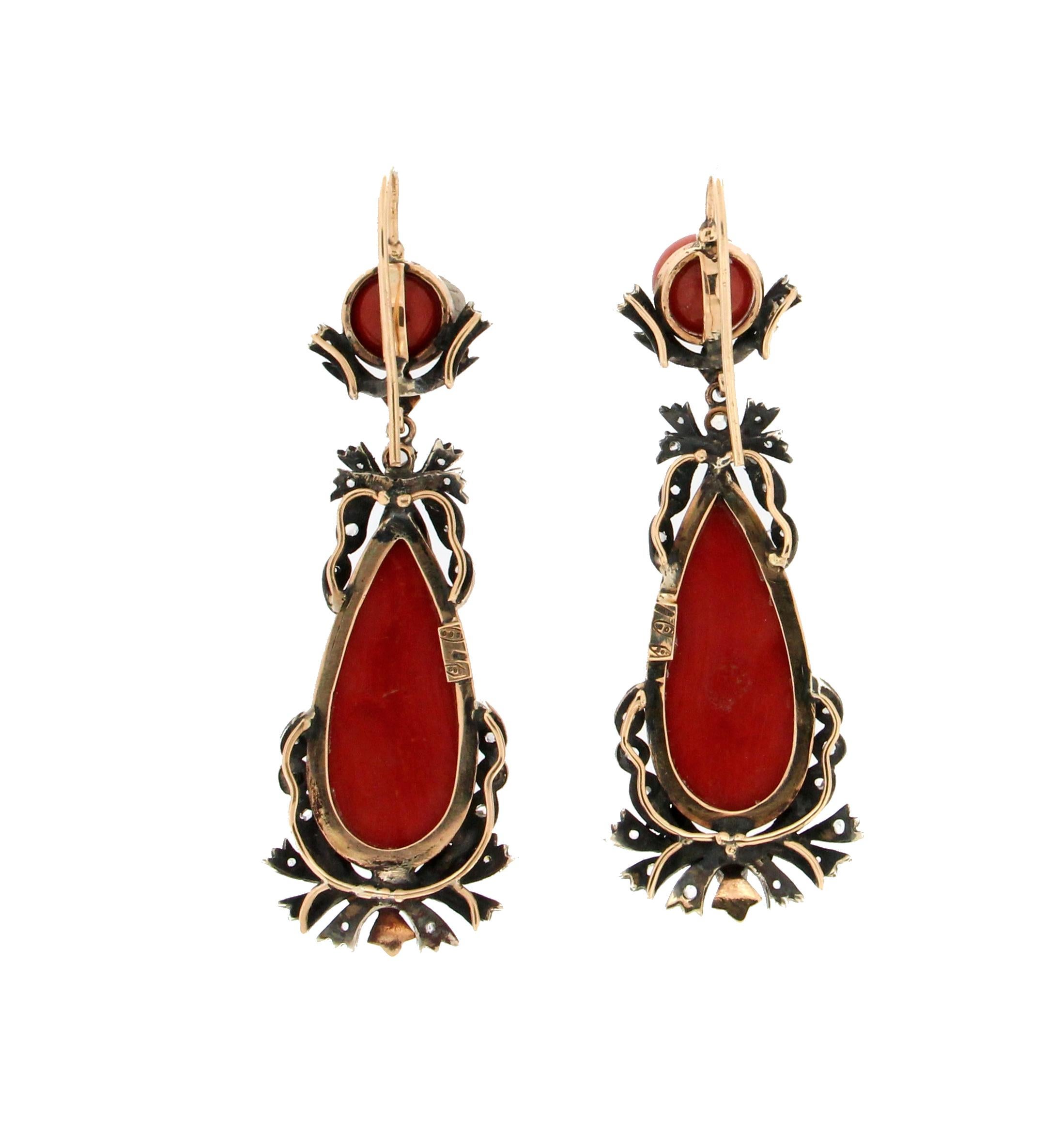 Handcraft Sardinian Coral 14 Karat Yellow Gold Silver Diamonds Drop Earrings In New Condition For Sale In Marcianise, IT