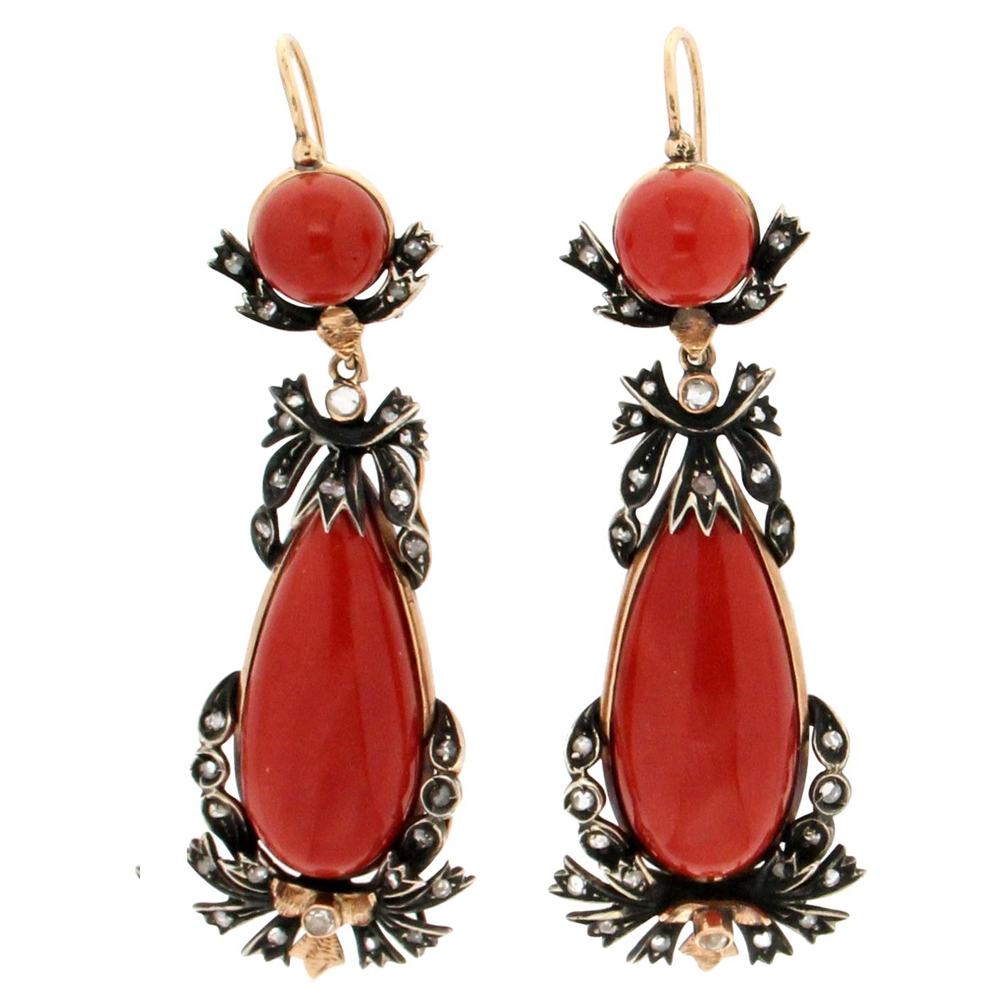 Handcraft Sardinian Coral 14 Karat Yellow Gold Silver Diamonds Drop Earrings For Sale